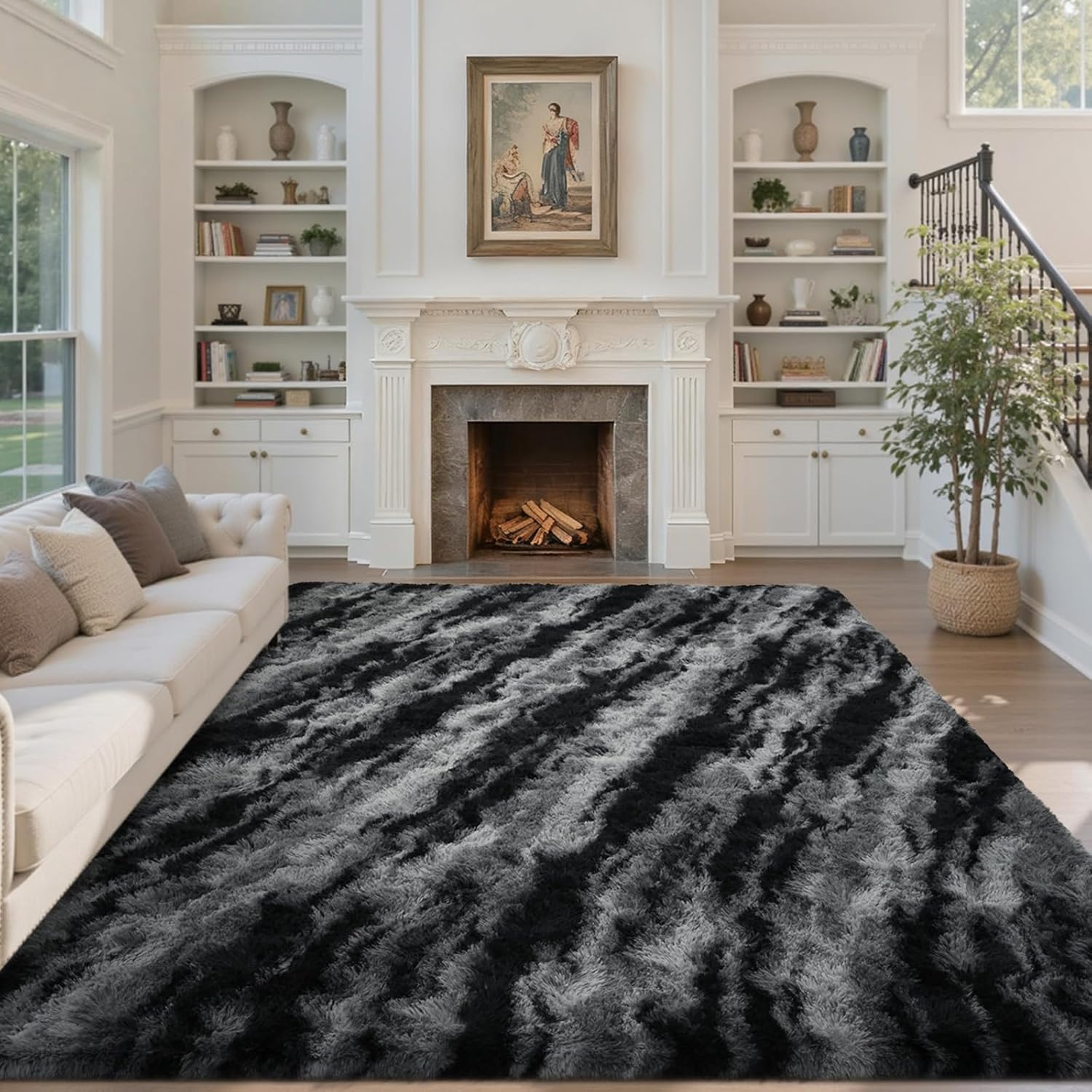 Area Rugs for Living Room 6x9 Feet, Soft Fluffy Shagg Plush Bedroom Rug Non-Slip,Large Carpet for Nursery Kids Dorm Home Decor Zebra Black