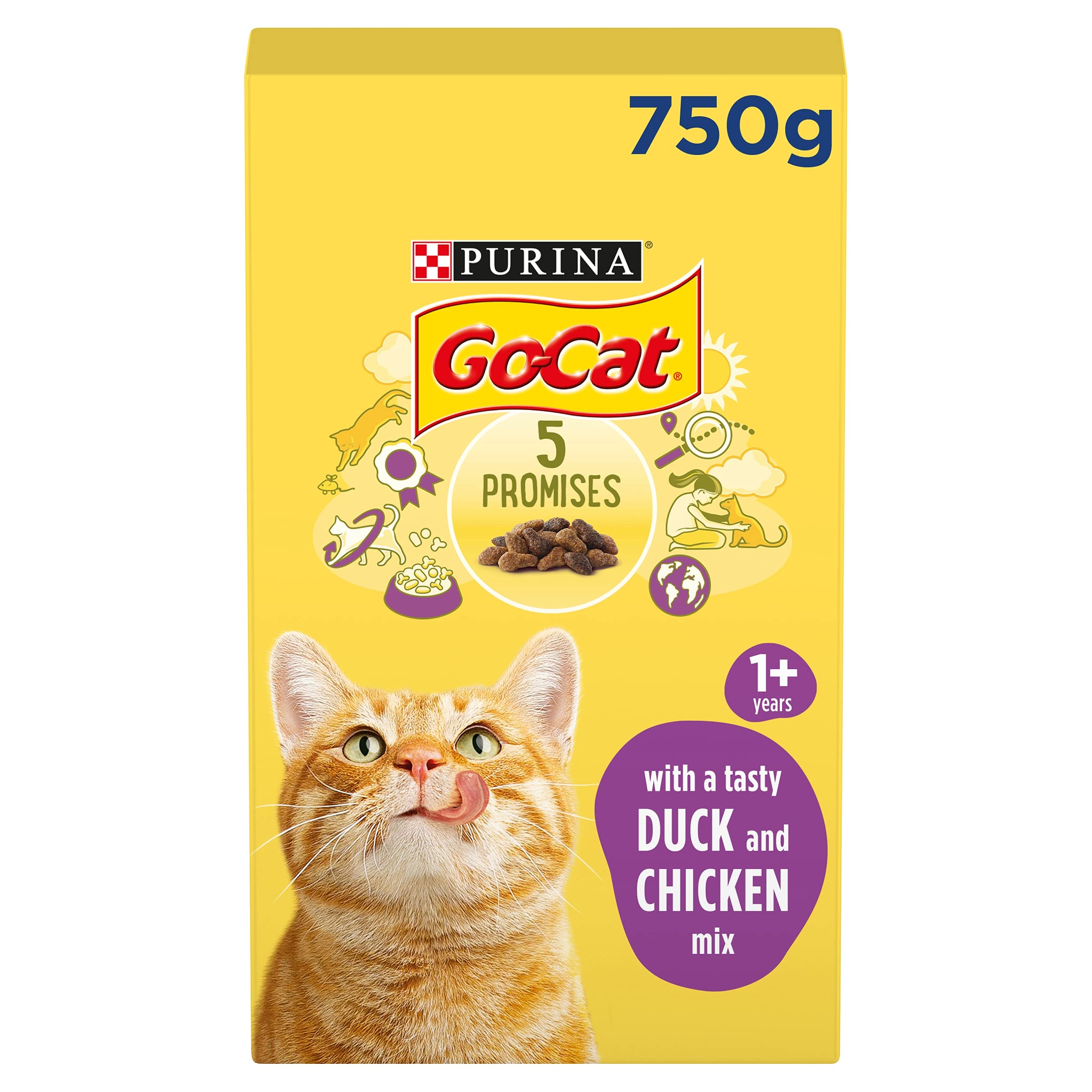 GO-CAT Adult Chicken and Duck Dry Cat Food 750g, Pack of 5