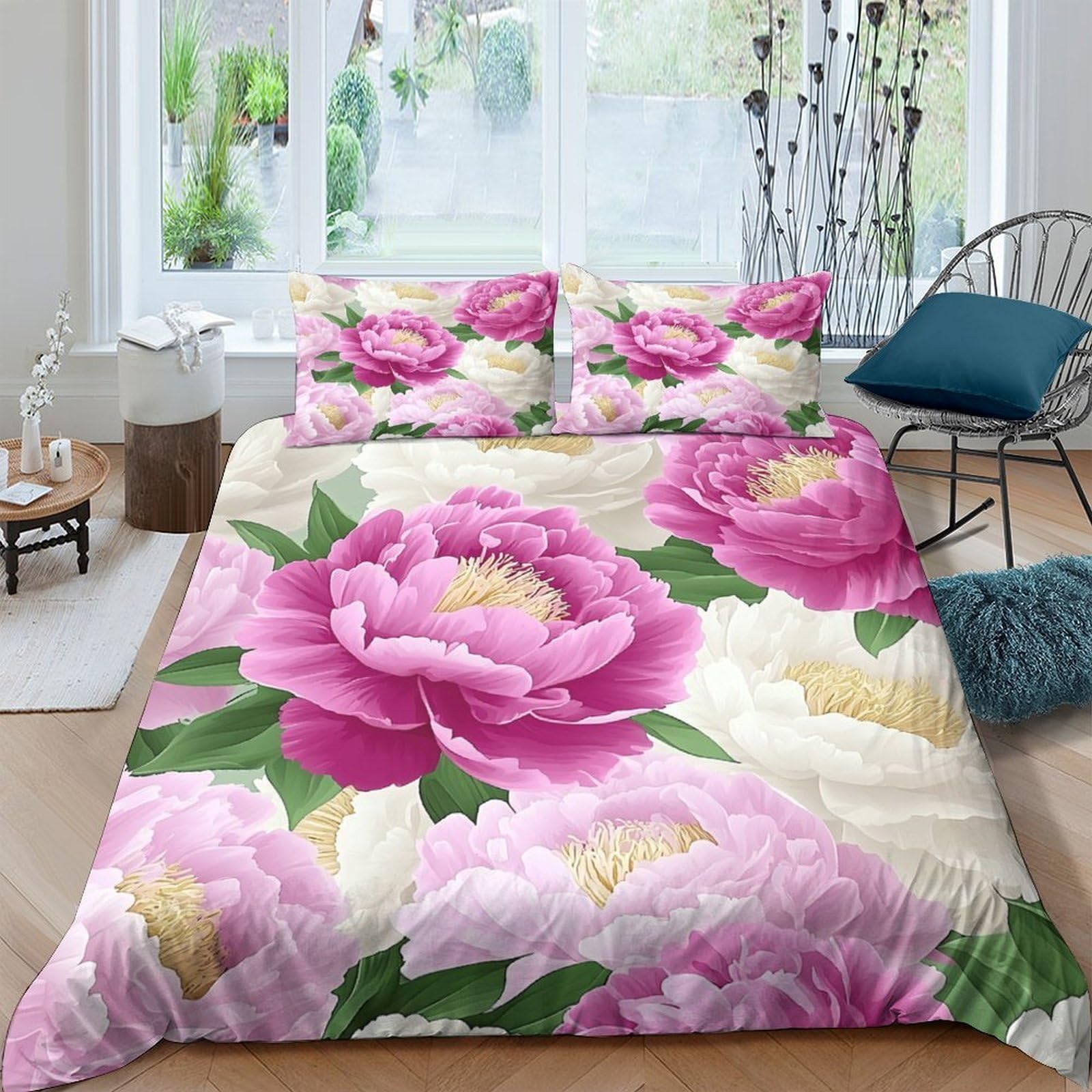 GPLZQXKJNH 3D Printed Pink Peony Duvet Cover Set Microfiber Soft Floral Quilt Cover White Peonies Bedding Set with 2 Pillowcases for Bedroom Decor, Single（135x200cm）
