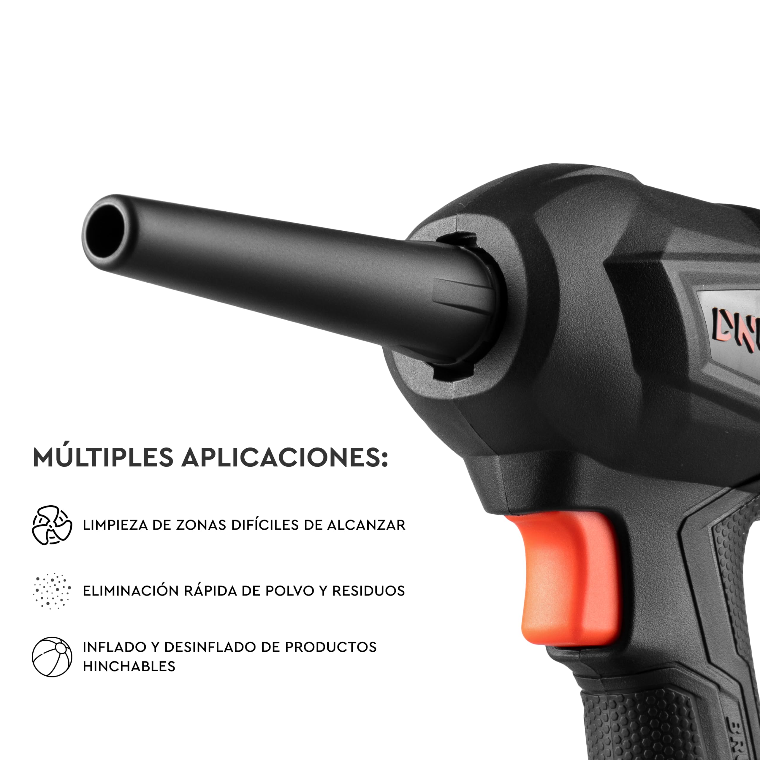 Soplador de Aire Potente Inalámbrico Brushless DCB-203BC Compact - Motor 280W, 30 m/s, 4 Velocidades - Limpieza PC, Taller, Barbacoa e Hinchables - 5 Accesorios Incluidos - Sin Batería - por Dnipro-M
