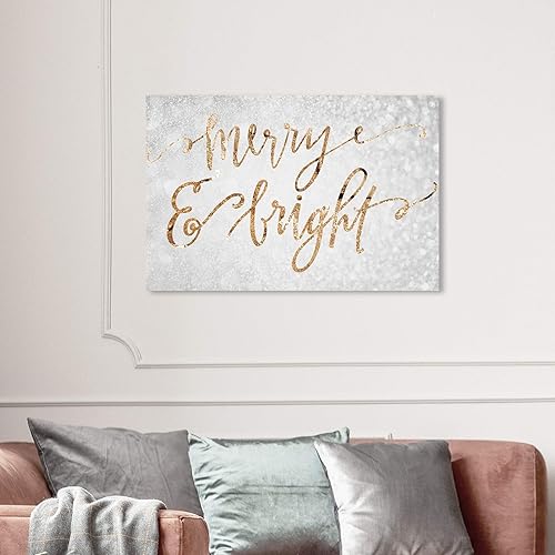Miniatura 3 de Wynwood Studio Lienzo decorativo para pared con texto en inglés Merry & Bright, decoración navideña para el hogar, 36 x 24 pulgadas, gris, dorado