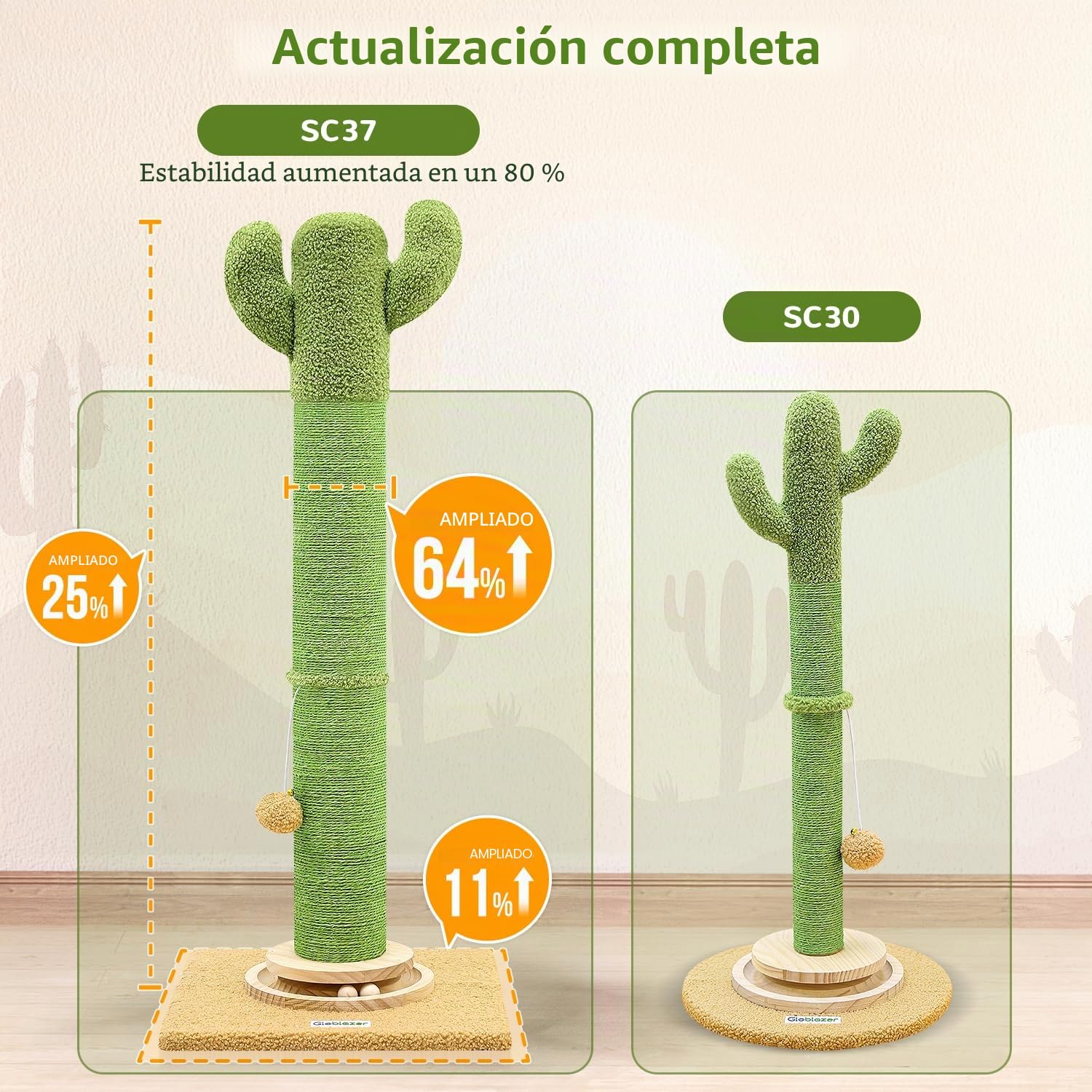 Globlazer Postes Rascadores Cactus Verde XXL Alto 94 cm con Trackball Madera Felpa Gato Juguete Grande Base Poste Sisal, Rascador para Gatos Grandes Jugar Rascarse Interior (SC37, Verde)