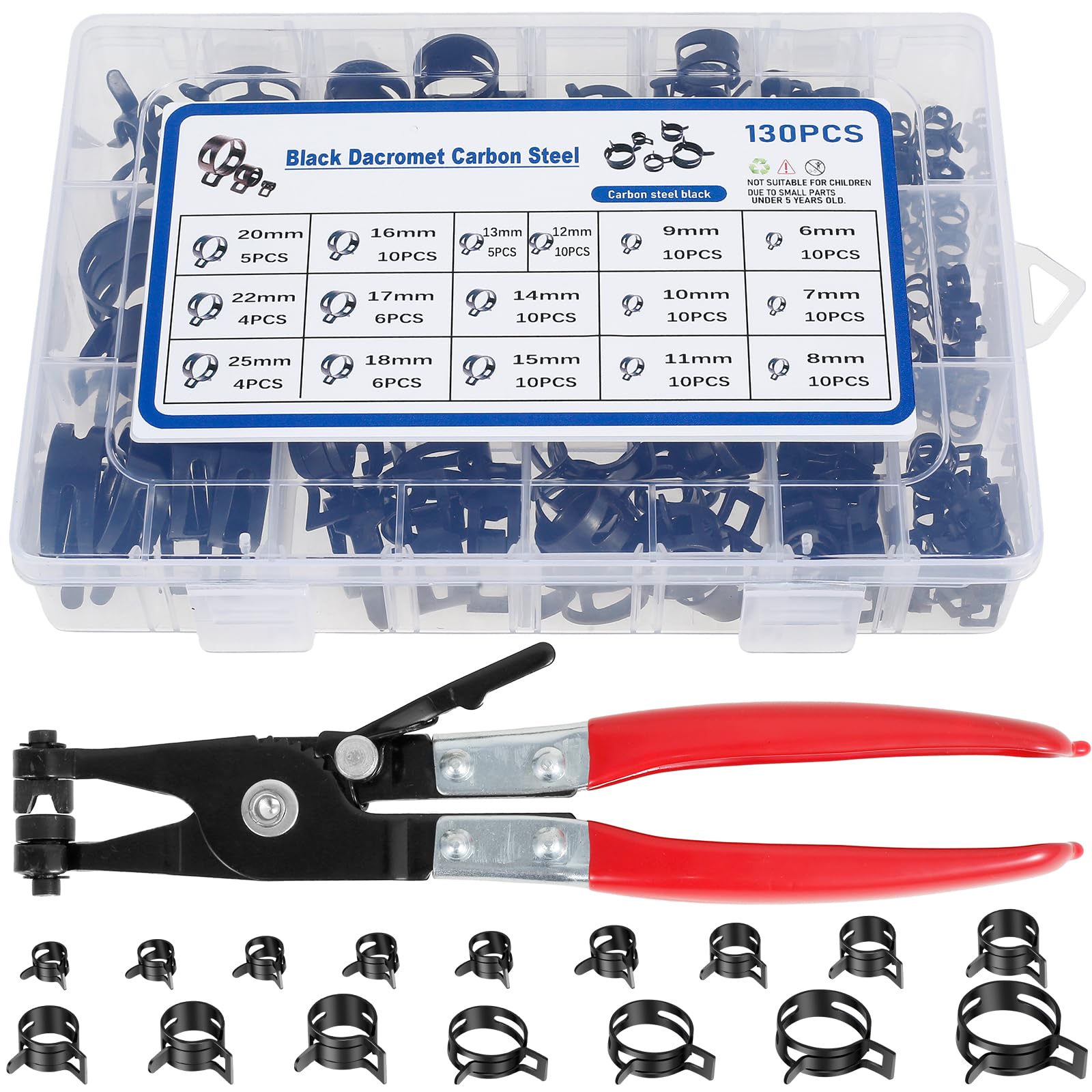 130 Stück Schlauch Federklemme 16 Größen 6-25mm Schlauchschellen Edelstahl Schlauchklemmen Set mit Zange Dicht Benzinschlauch Schellen für Kraftstoffpumpe Waschmaschine Rasenmäher