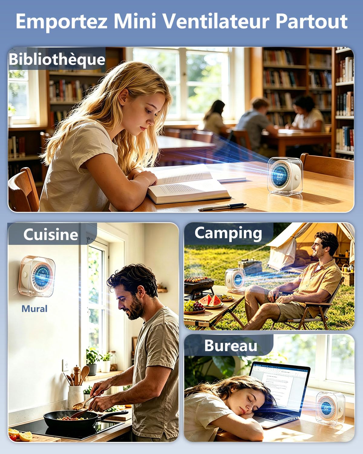 DDKJ Ventilateur de Bureau Ultra-Silencieux 20dB, 100 Vitesses, Batterie 4000mAh Rechargeable USB-C, 15h d'Autonomie, Rotation 360°, Design 2-en-1 Bureau et Mural, Idéal pour Chambre et Dortoir