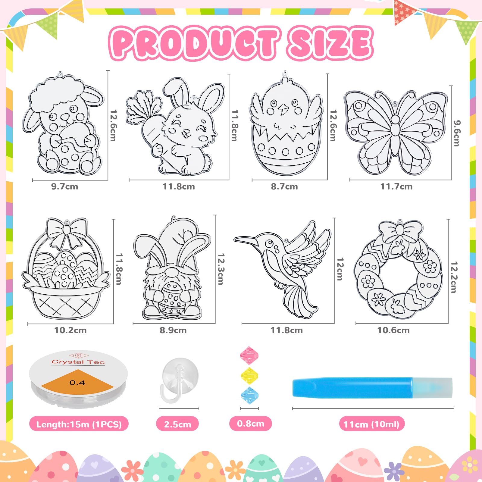 Kit de 24 Décorations Pâques à Suspendre, œufs Lapin Poulet Papillon Oiseaux à Peindre, Attrape-soleil Pendentif Fenêtre