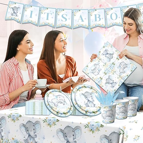Miniatura 2 de 142 piezas de decoración de elefante azul para baby shower para niño, juego de platos y servilletas con tazas, tenedores, mantel y pancarta,