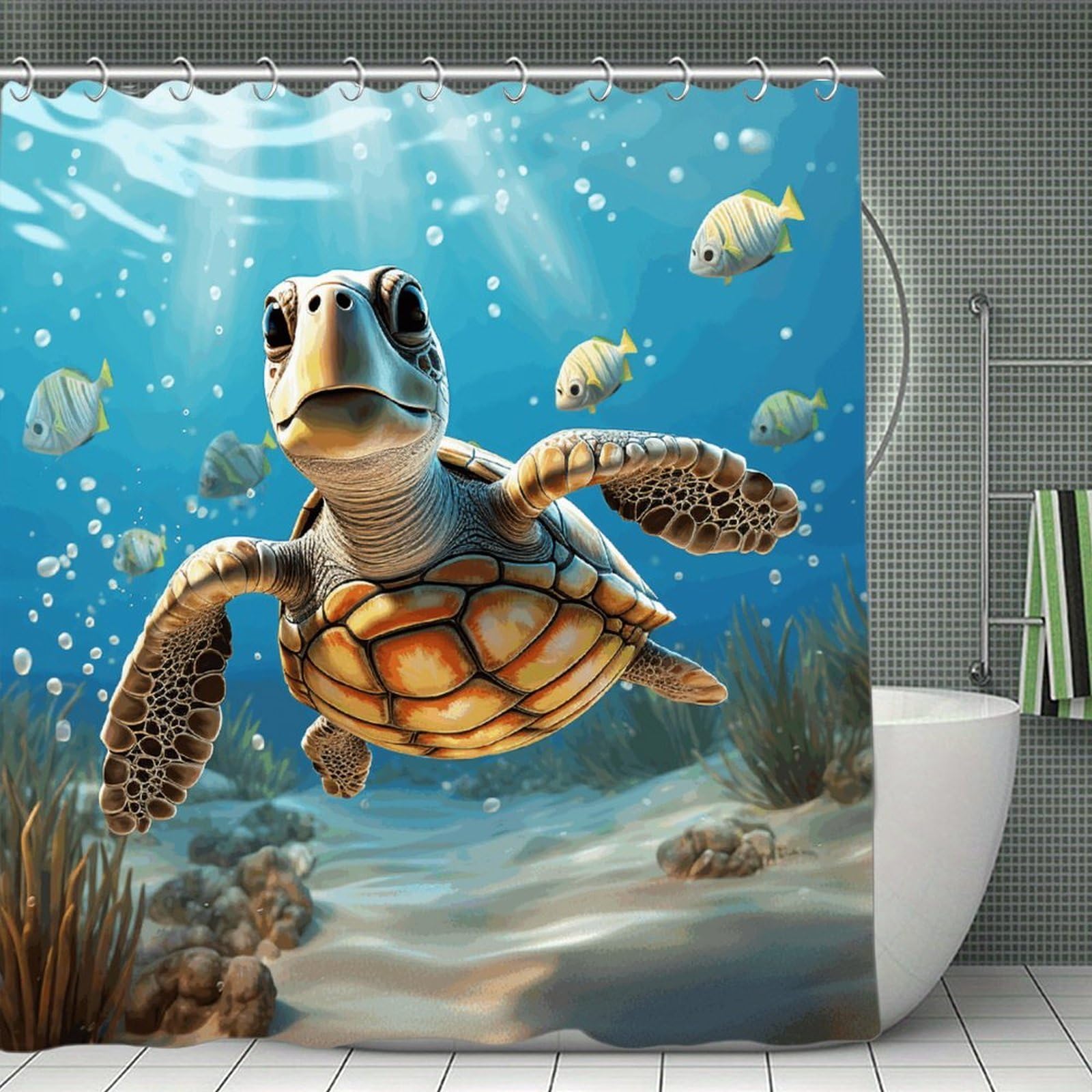 FekiLoot Cartoon Sea Turtle Shower Curtain Minimalist Aesthetic Bath Curtain with Hooks Simple Water Resistant Bathroom Shower Curtains Cute Blackout Privacy Curtains Cloth Curtain