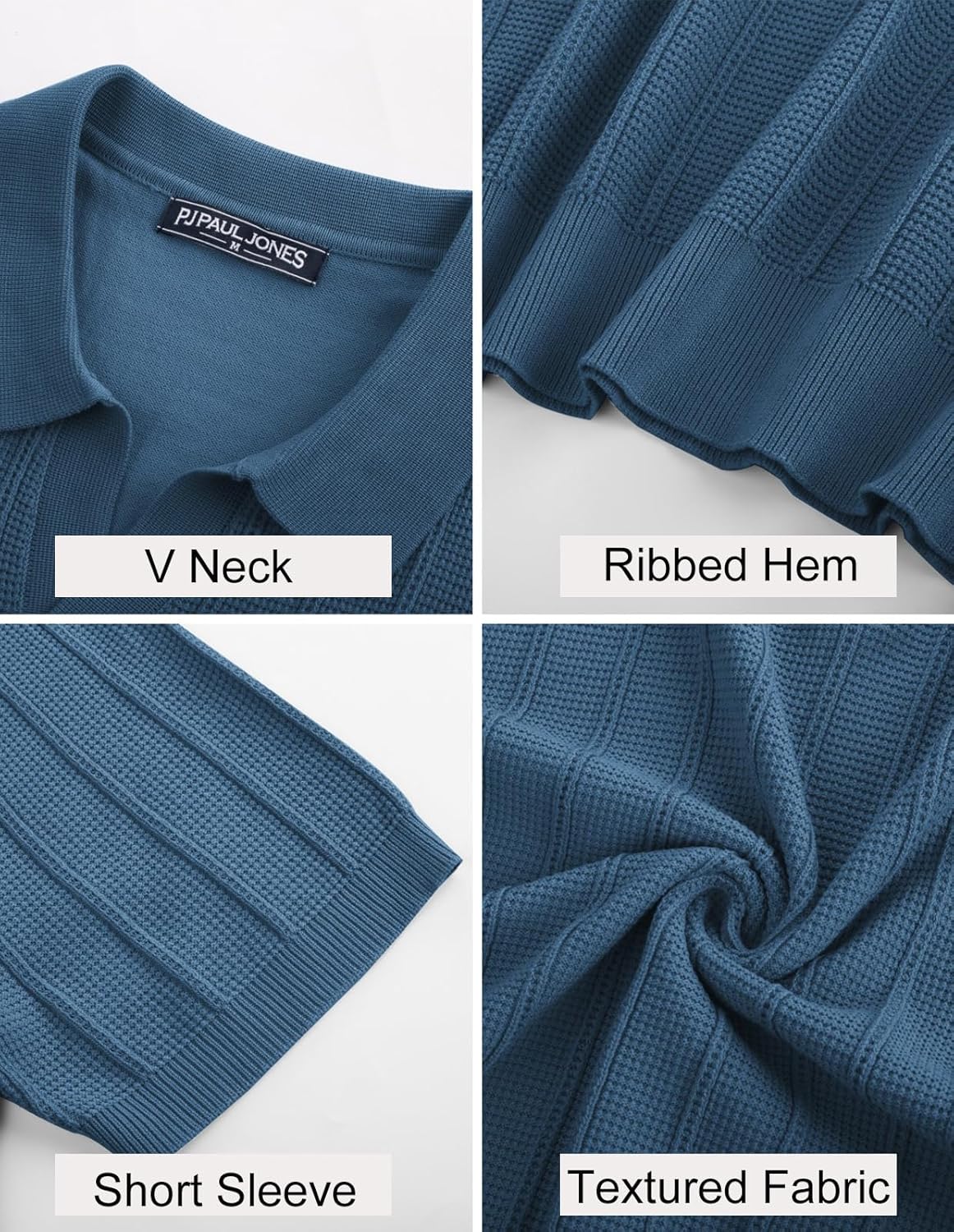 PJ PAUL JONES Mens Polo Shirts V-Neck Knit Polo Textured Summer Shirts - Image 5