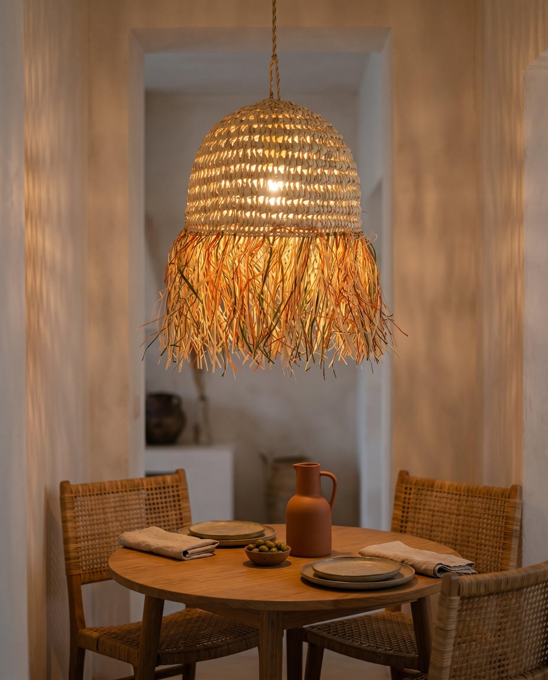 Suspension en Osier Tressé Main - Cloche à Franges Raphia - 40 cm