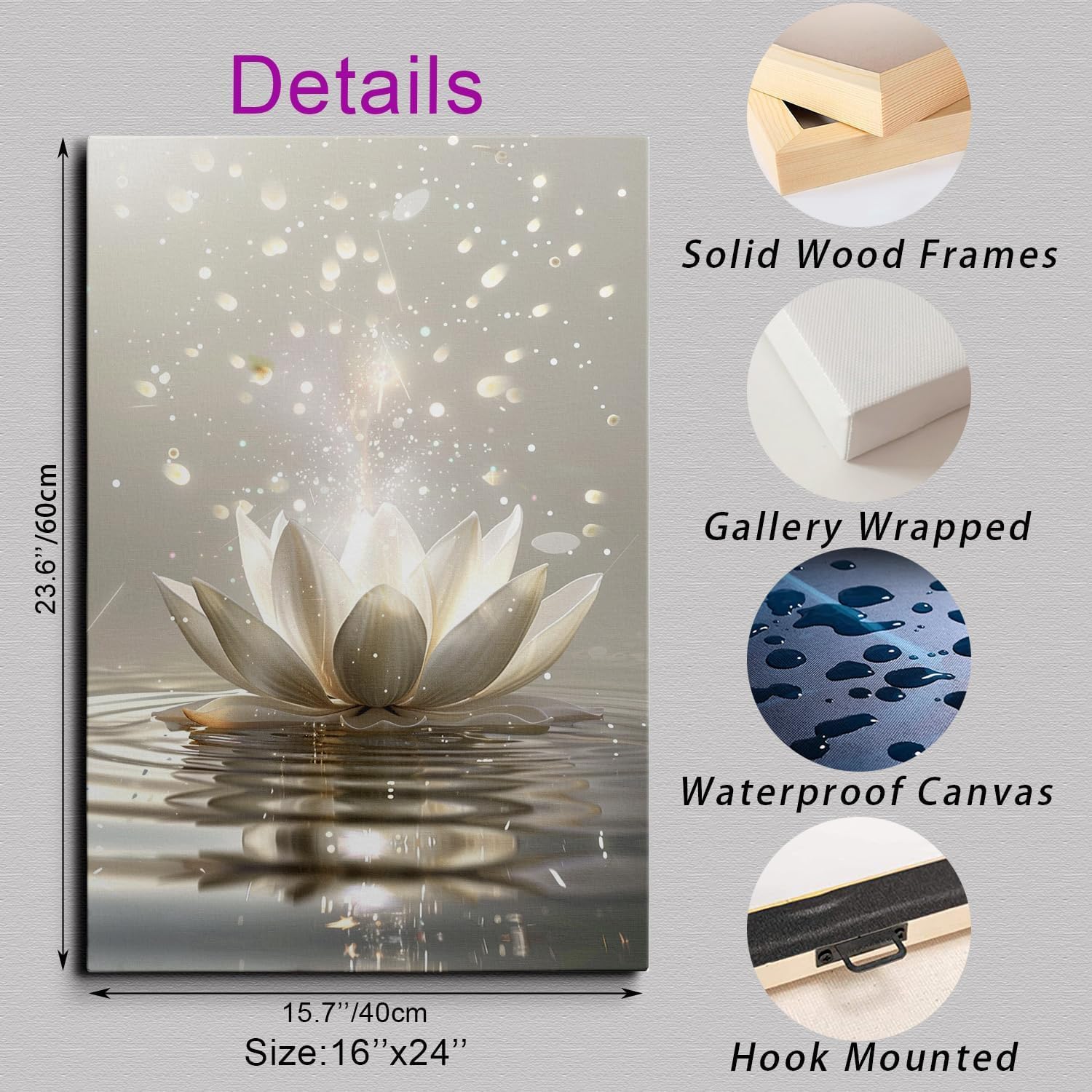 Zen Meditation Lotus Floral Canvas Wall Art Framed Plant Flower Picture Wall Decor Inspirational Prints Poster Yoga Spa Cool Painting for Living Room Bathroom Bedroom Home Artwork (16" x24“