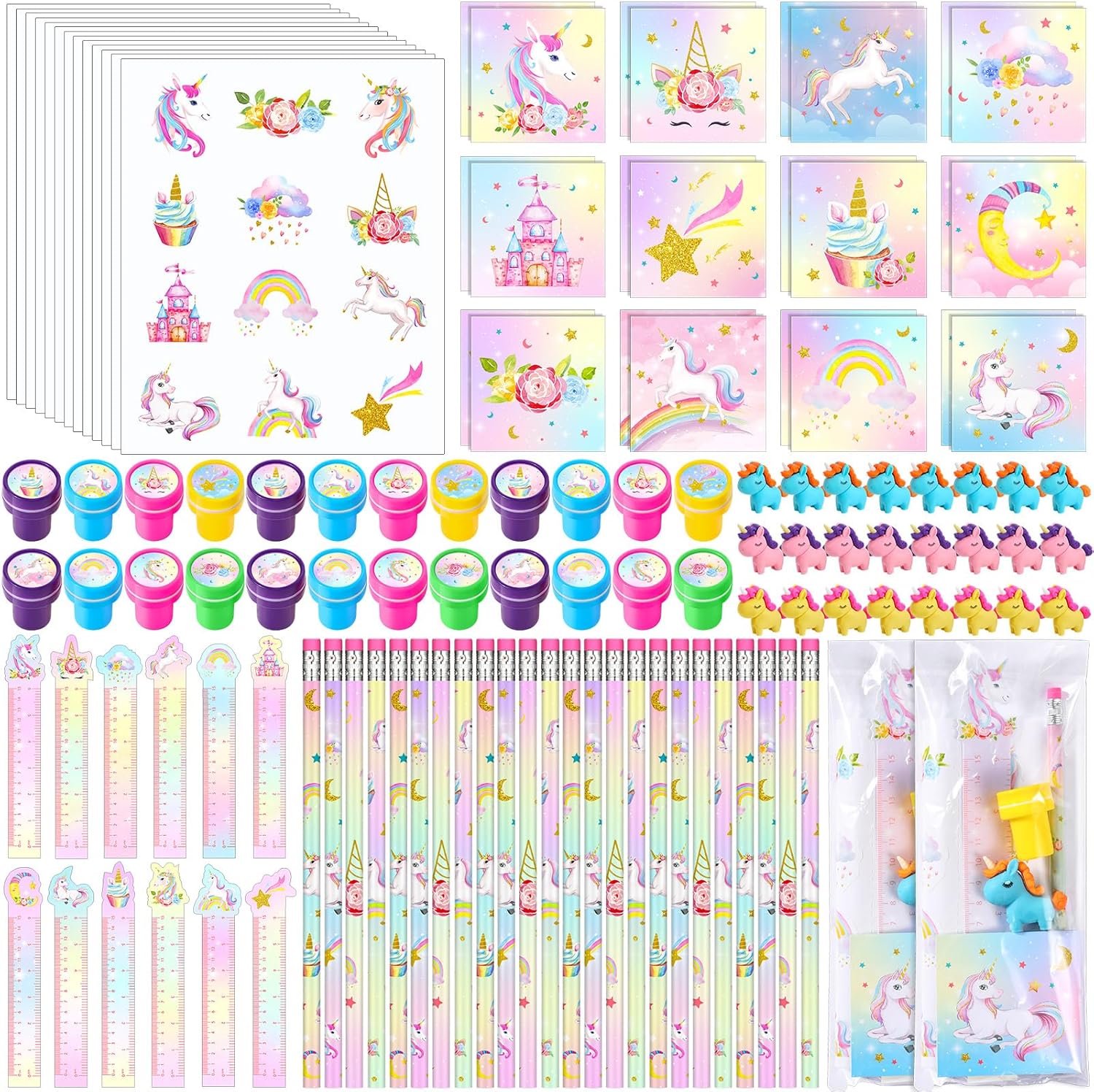 PerKoop 168 Pcs Unicorn Valentine's Day Favors Unicorn Goodie Favor Bags with Mini Notebook Pencil Sticker Stamp Pastel Rainbow Birthday Decor Prizes Gifts Goody Favors Bag Piñata Fillers Supplies