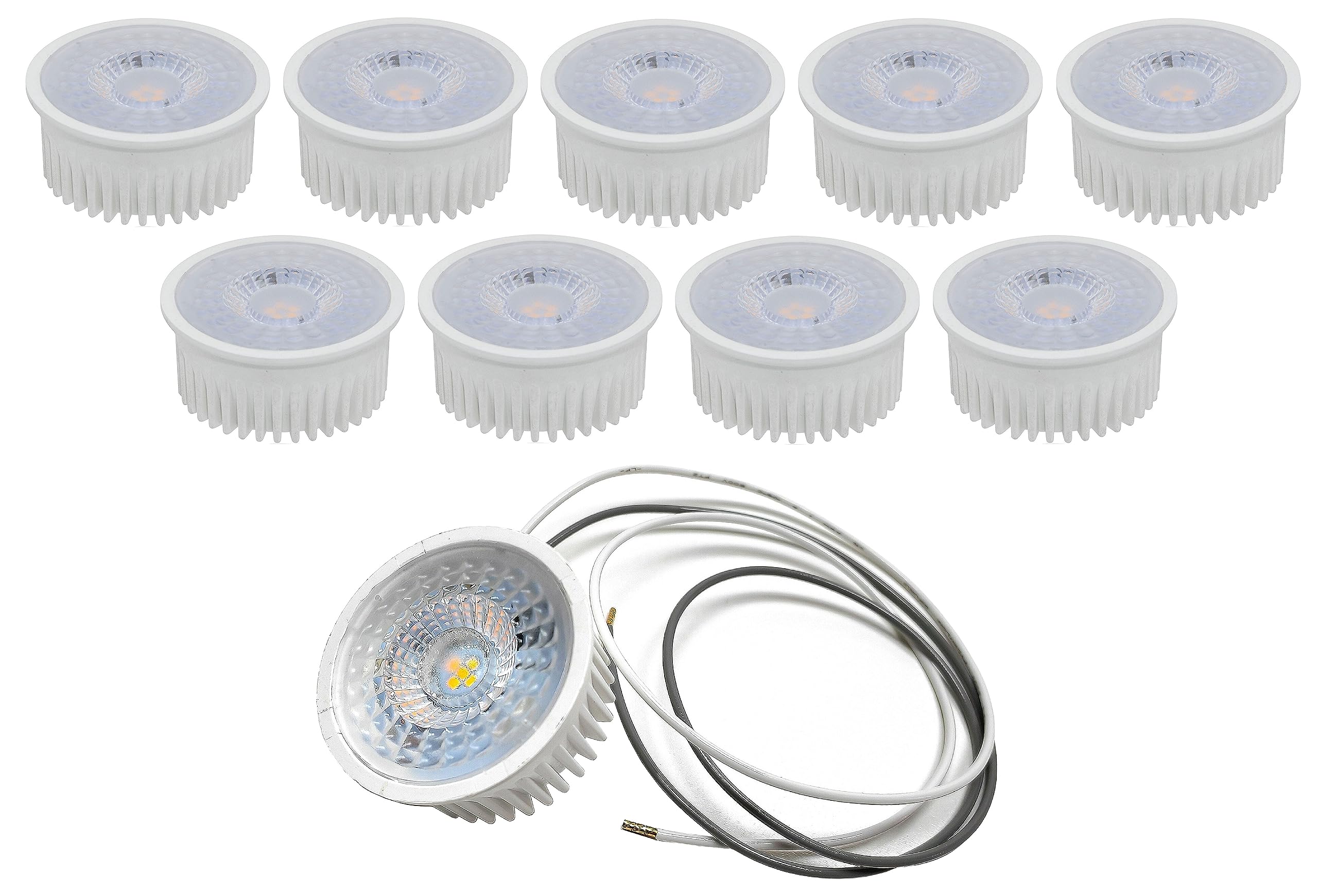 Trango 10er Pack 5 Watt 3 Stufen dimmbar MOCOBSD-C*10 LED Modul inkl. je 75cm Kabel T: 3cm 3000K warmweiß zum Austauschen GU10 MR16 Leuchtmittel Einbauleuchte, Deckenstrahler, Einbaustrahler