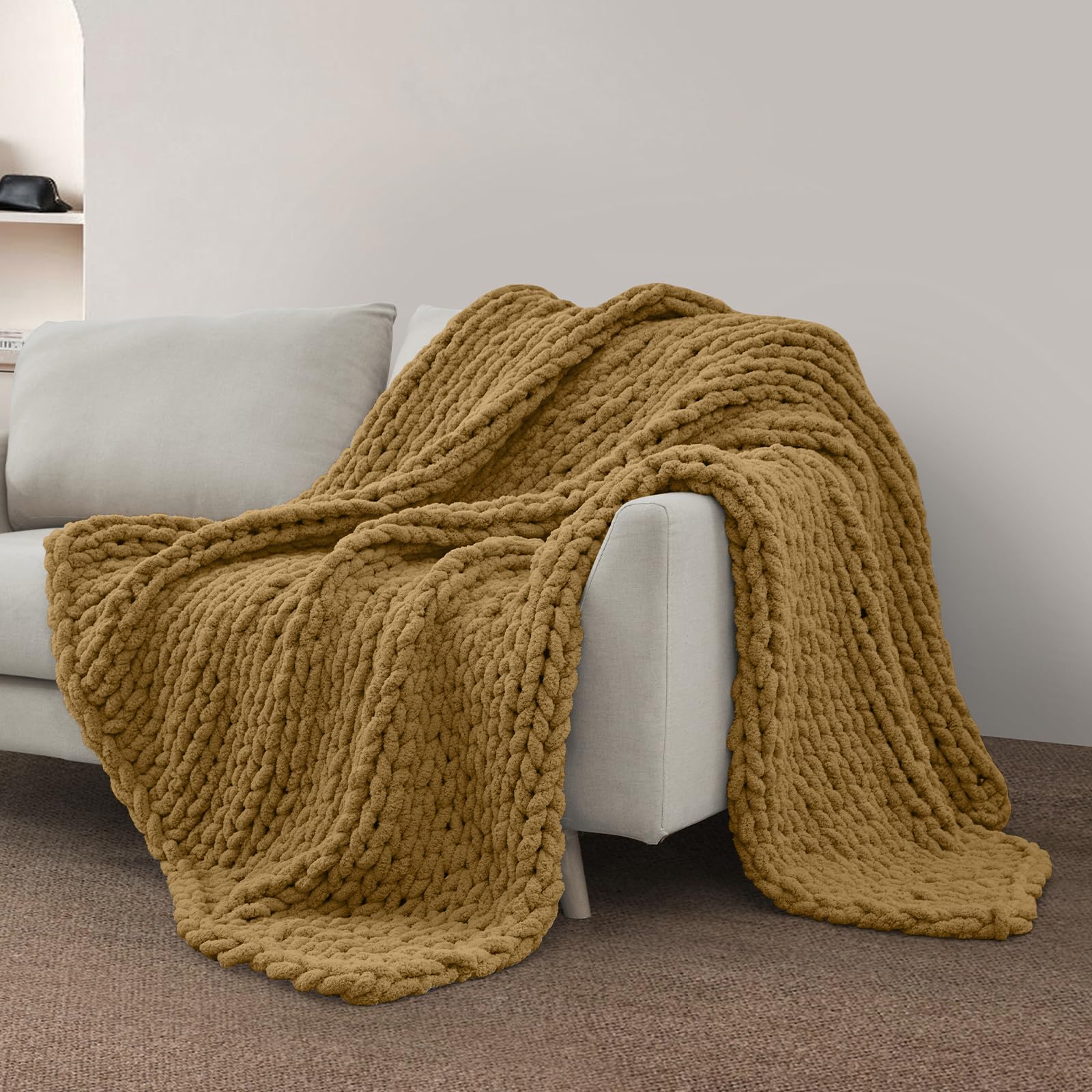 SUNYRISY Chunky Knit Blanket Throw, Luxury Soft Cozy Chenille Throw Blanket, Large Throw Bed Blanket for Couch, Sofa, Home Decor, Gift - Machine Washable, Brown