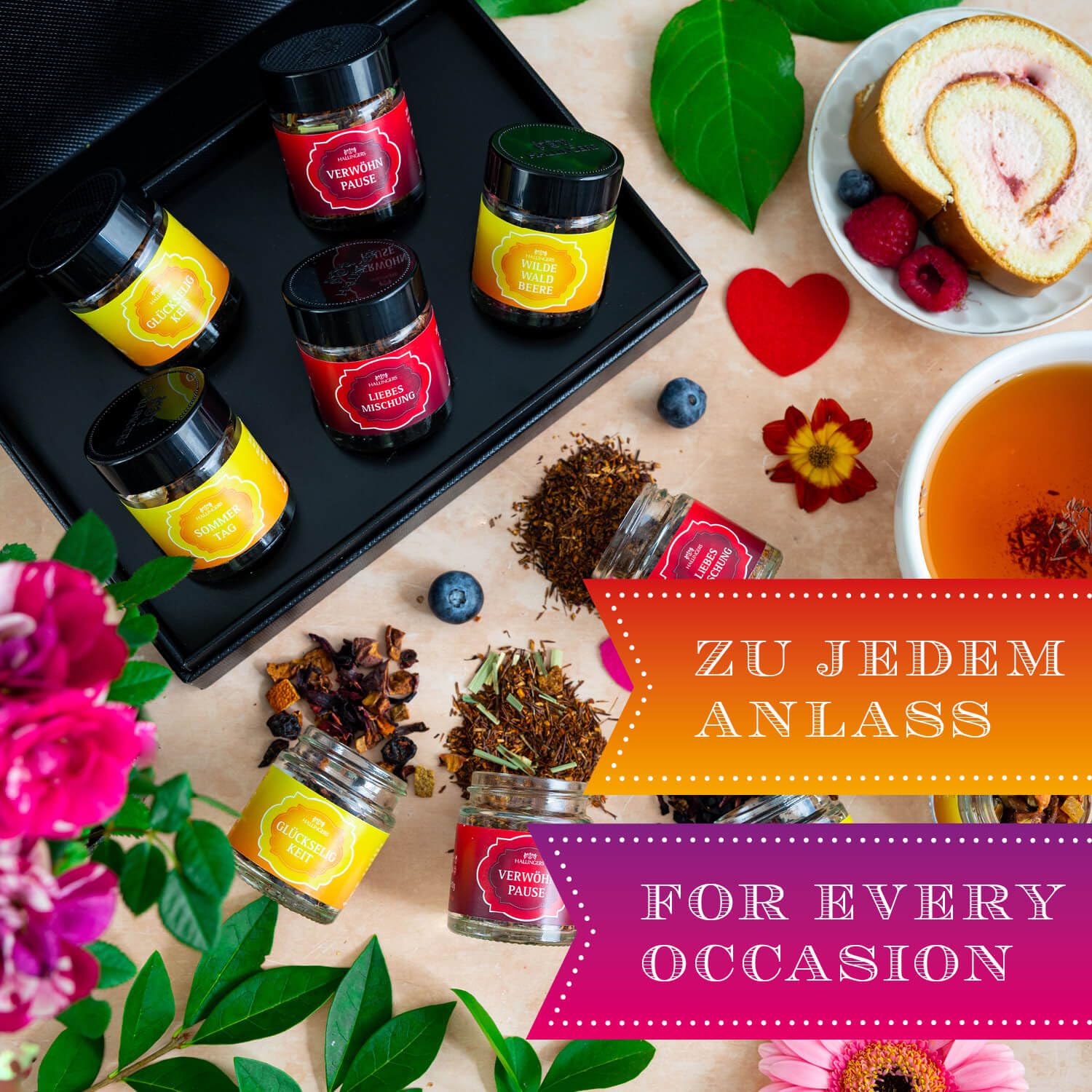 Hallingers Genuss Manufaktur Tee Geschenk-Set - 5 Sorten premium loser Tee Probierset in edler Geschenkbox mit Rezept-Booklet "Früchtekorb", Geschenkidee für Frauen Männer