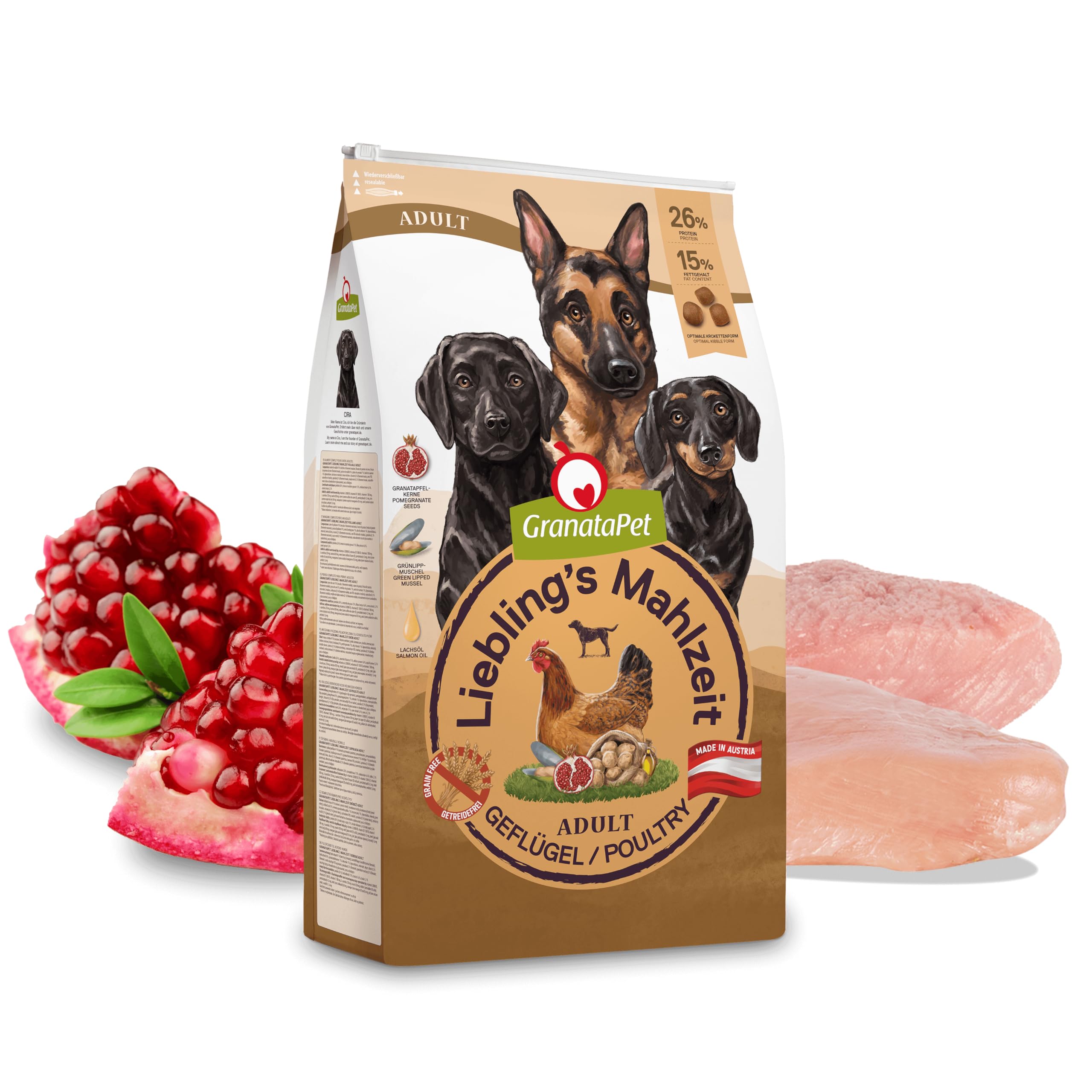 GranataPet Liebling's Mahlzeit Adult Geflügel, Trockenfutter für Hunde, Hundefutter ohne Getreide & ohne Zuckerzusätze, Alleinfuttermittel, 10 kg