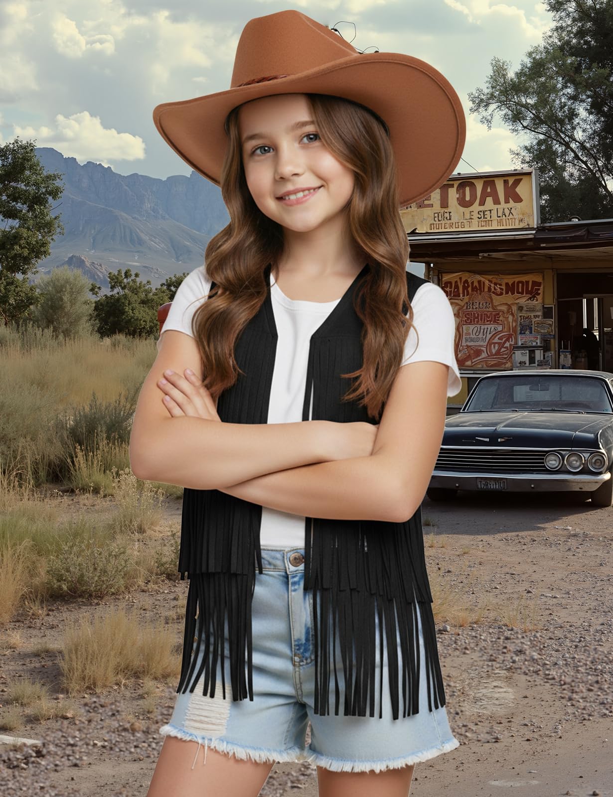 Spring&Gege Gilet à franges en faux cuir sauvage pour fille - Style hippie cowgirl western, sans manches