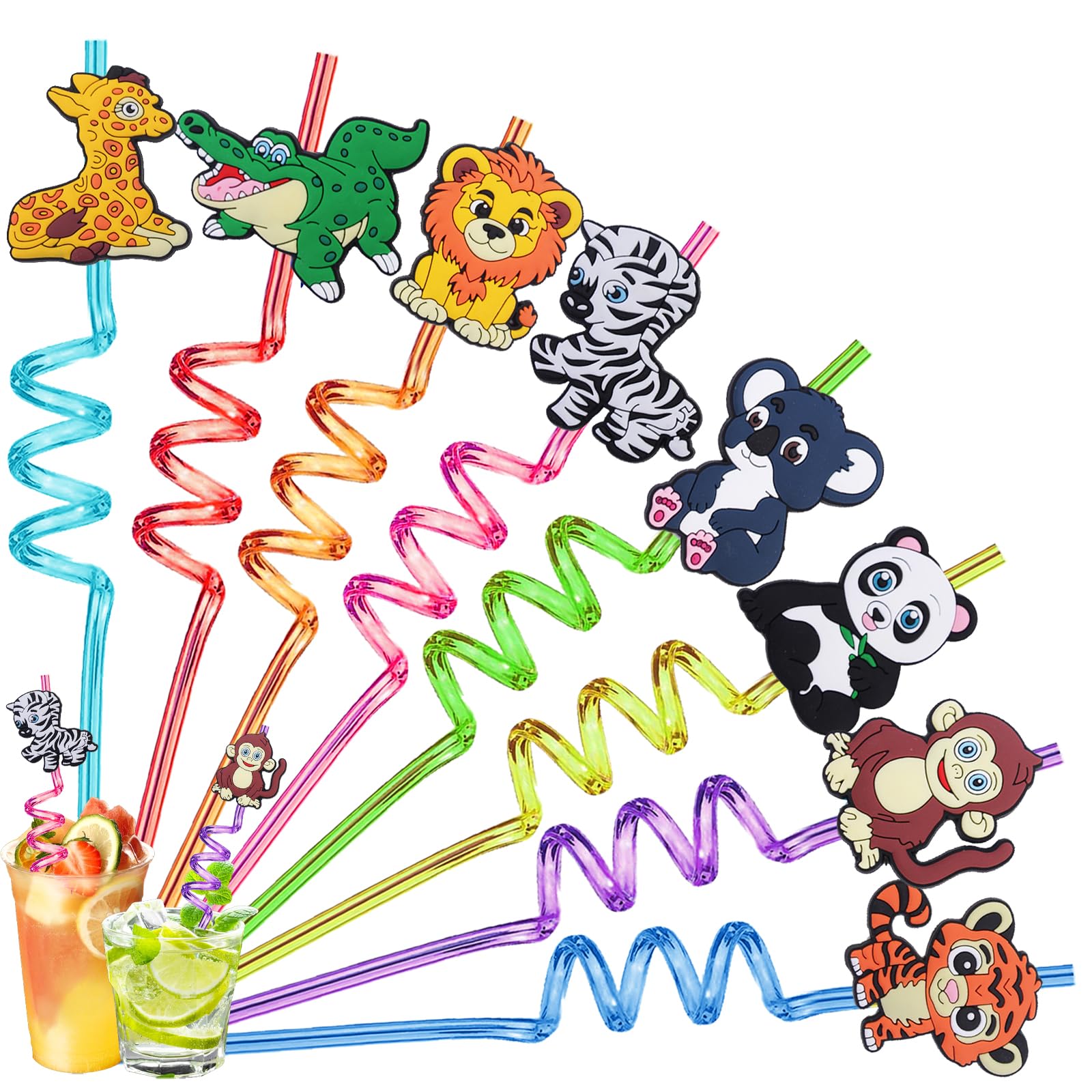 Paille Enfant 10 Pièces Animaux Forêt Avec 2 Goupillons - Pailles Spirales Réutilisables Colorées Pour Fêtes
