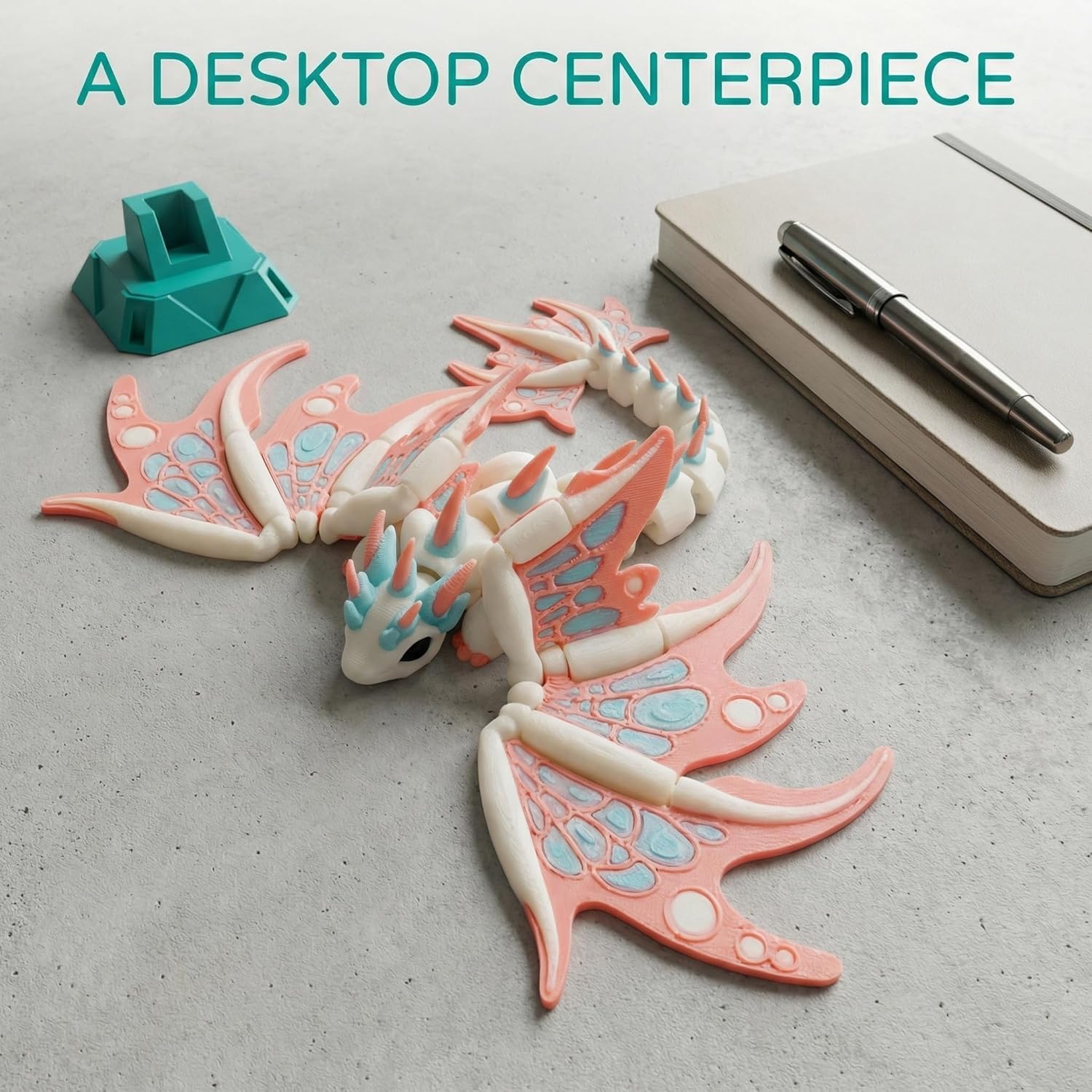 3D Printed Dragon with Movable Wings, 7" Flexible Articulated Dragon Figure - Bendable Fidget Toy for Stress Relief & Anxiety, Cool Desk Decor for Office Home (Pink)
