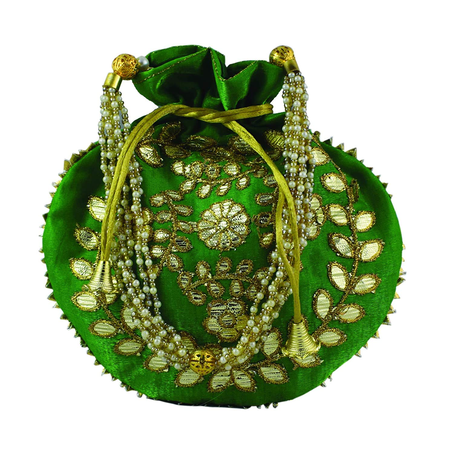Sanvatsar Raw Silk Bag for Ladies Purse for Party, Wedding, GiftingWomen's Ethnic Gota Work Handbag Potli Clutch Potli Bag Potli Purse Bridal Purse (Green)-image-22