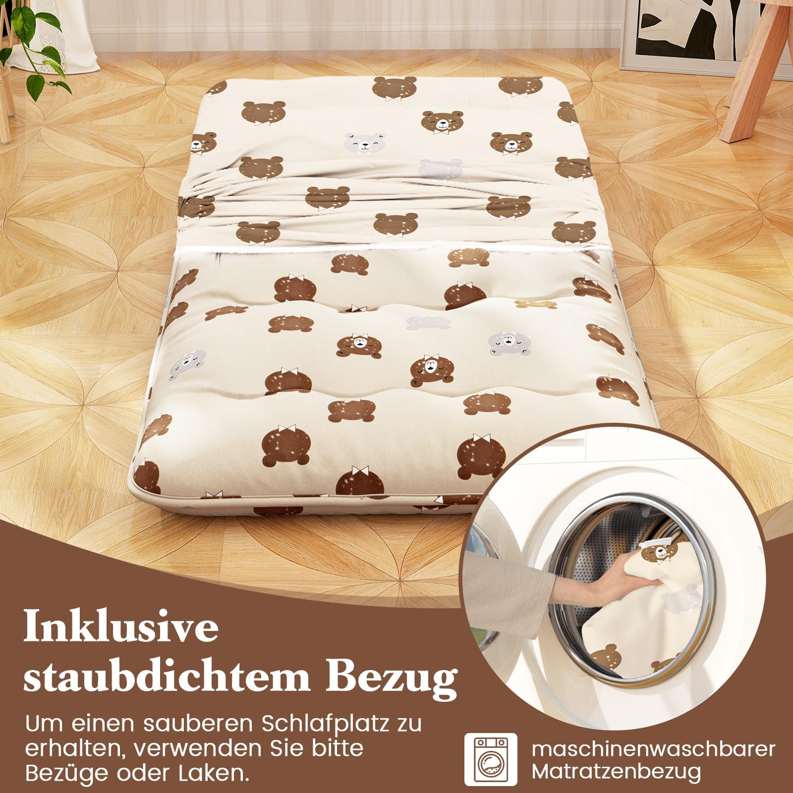 FANTASK Tappeto Tatami con rivestimento lavabile, materasso giapponese Futon da pavimento, pieghevole, con borsa per il trasporto, 90 x 200 cm (orso marrone)
