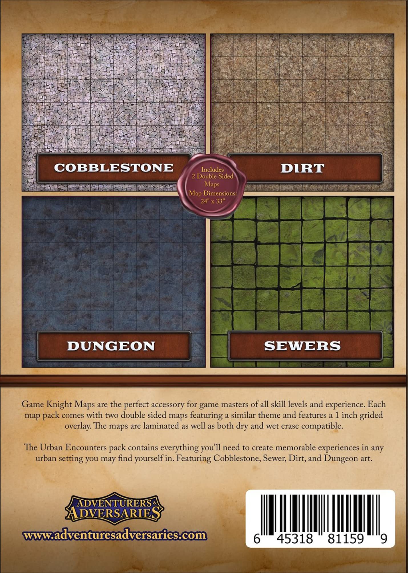 Adventurers and Adversaries - Tapete de mapa de encuentros urbanos de Game Knights - Mapa de batalla laminado brillante de doble cara, mapa de mesa para juegos de rol, superposición cuadriculada de 1