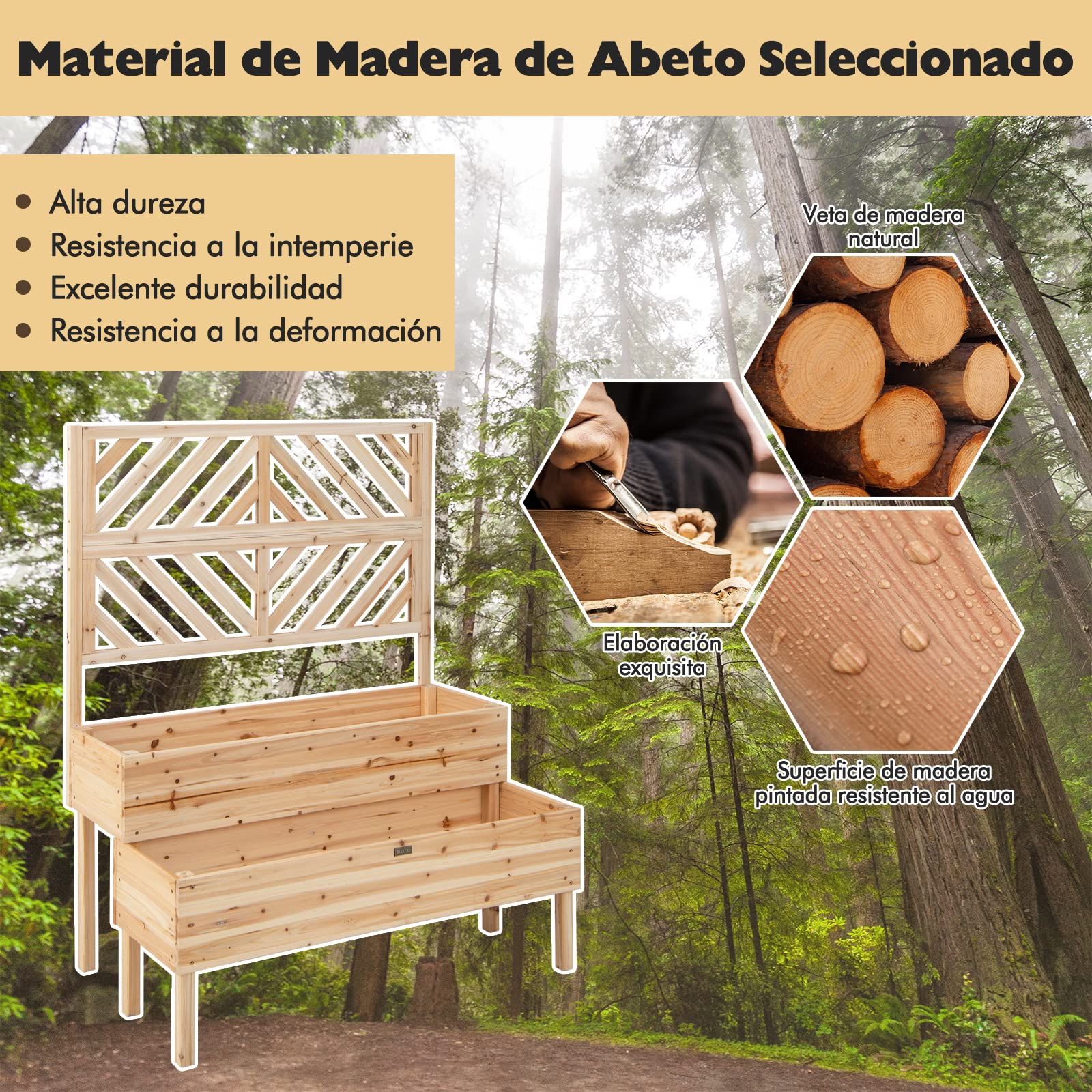 COSTWAY Cama Elevada de Jardín de 2 Niveles con Enrejado, Caja de Cultivo Elevada de Madera con Patas, Agujero de Drenaje, Maceta Interior y Exterior para Jardín, Patio y Balcón (Natural)