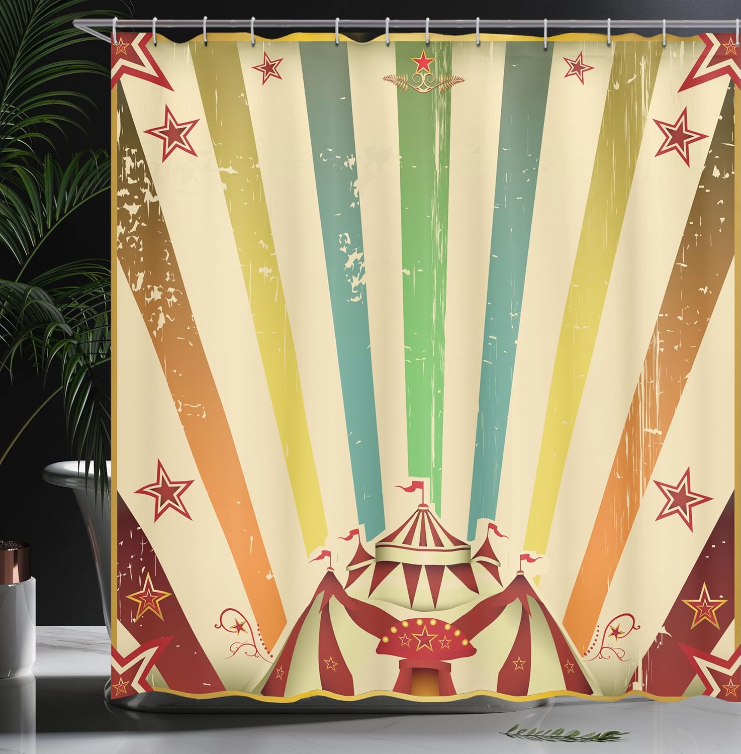 Ambesonne Vintage Rainbow Shower Curtain, Old Circus Carnival Advertisement Theme Stripes Stars and Fun Fair Tent, Cloth Fabric Bathroom Decor Set with Hooks, 69" W x 70" L, Eggshell Multicolor