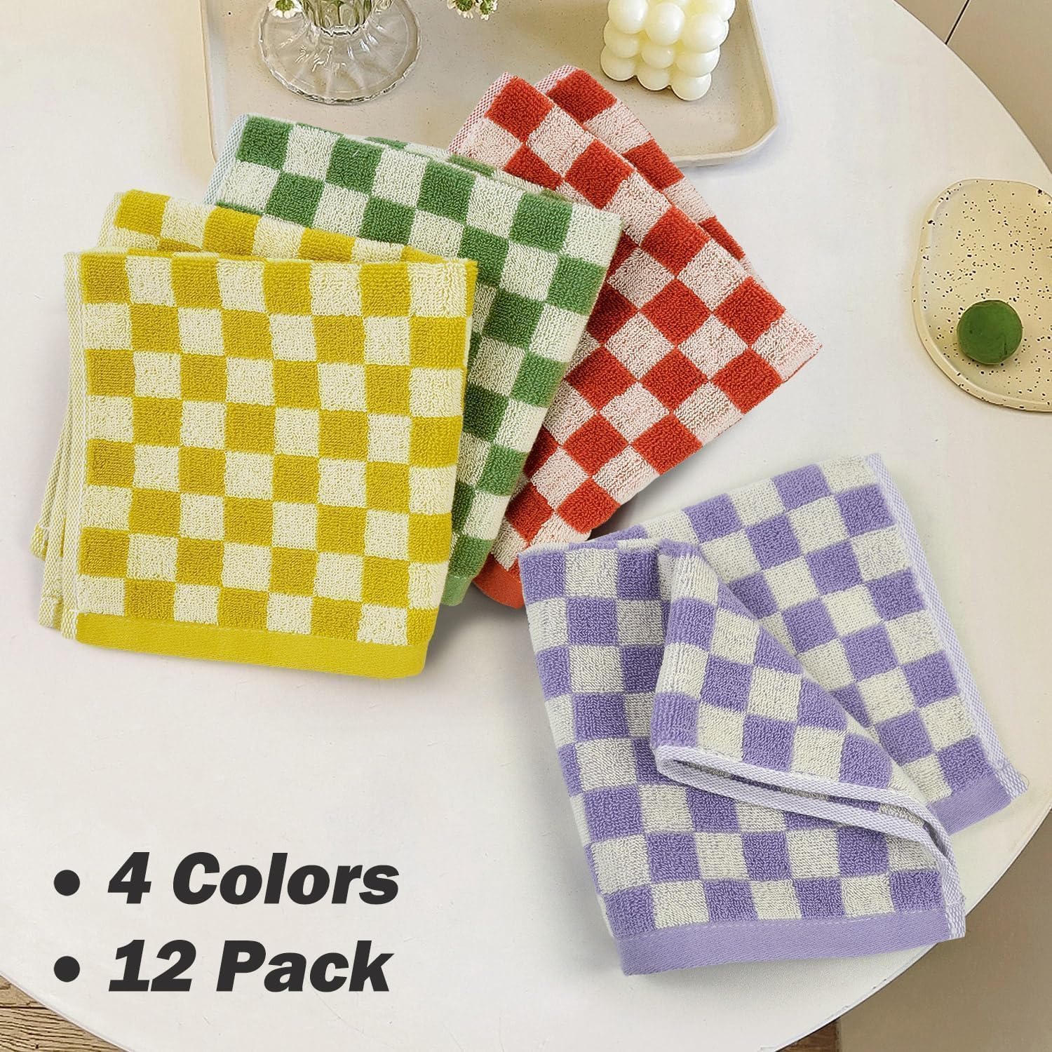 Lot de 12 Serviettes à carreaux pour la douche (33 x 33 cm), multiusage, serviettes douces et mignonnes, 4 couleurs