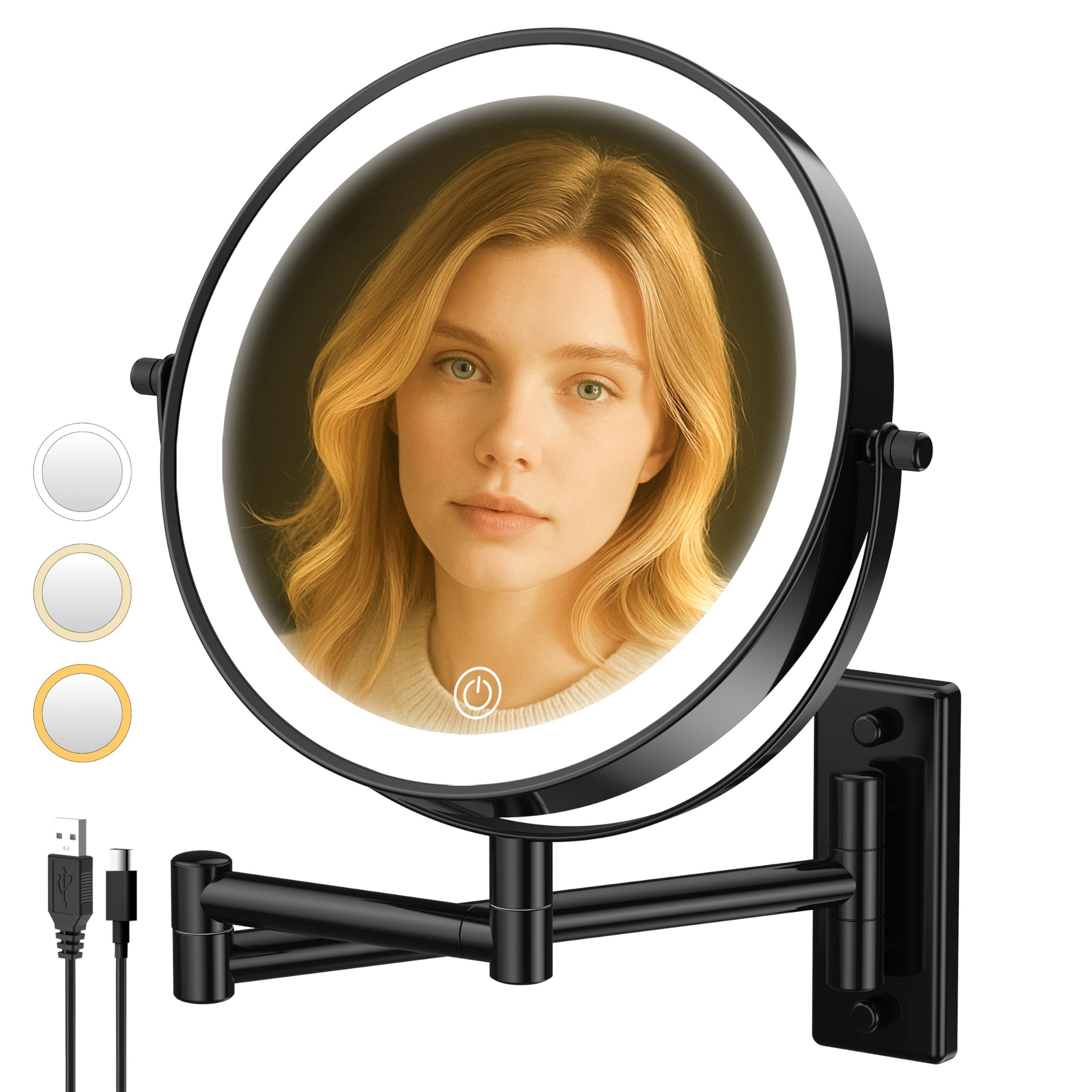 Wall Mounted Lighted Magnifying Mirror 10X Makeup Mirror with 3 Color Modes, Dimmable Touch Screen, USB Charge, Extendable Double Sided Vanity Mirror 8 Inch, Black Finish.