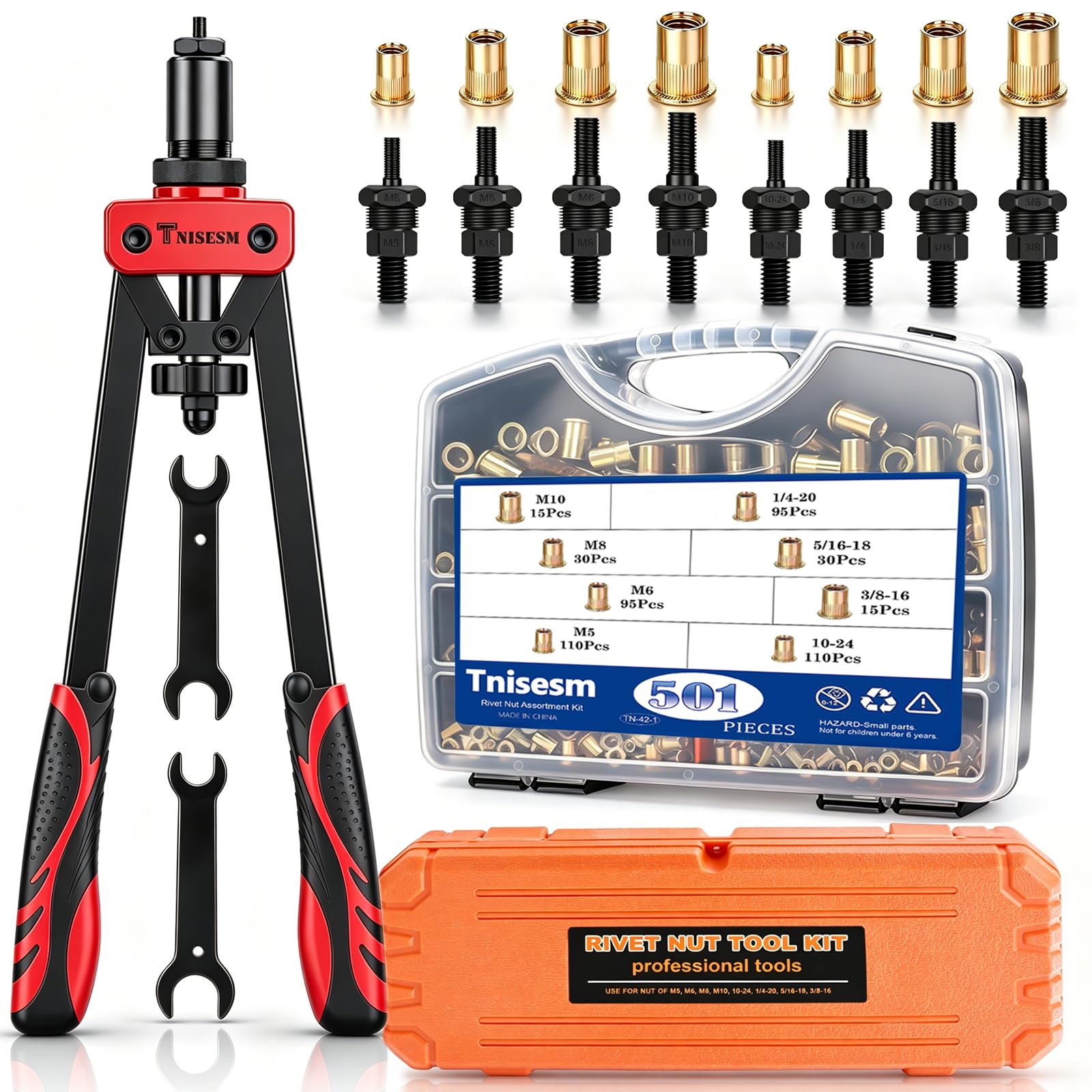 Tnisesm 14" Rivet Nut Tool Kit with 8 Mandrels &amp; 500pcs Rivnuts, Labor-Saving Hand Rivnut Setter, Heavy-Duty Carrying Case for M5 M6 M8 M10 10-24 1/4-20 5/16-18 3/8-16