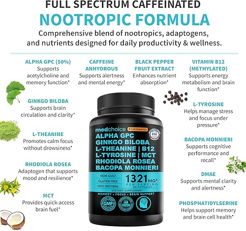 Miniatura 17 de Suplemento cerebral nootrópico 12 en 1 anhidro: Ginkgo Biloba para apoyo cerebral, memoria y enfoque - B12, Alpha GPC, L Teanina y suplementos