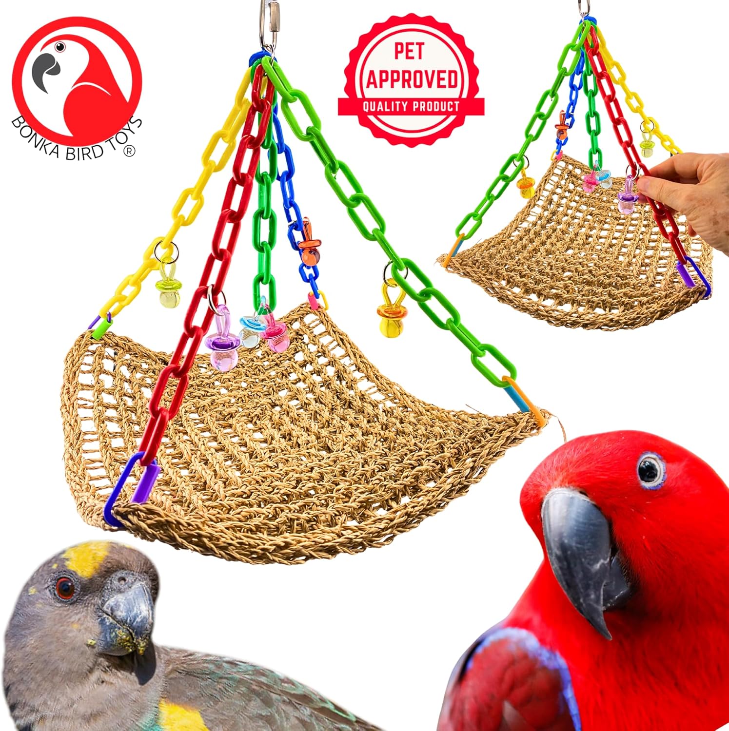 Bonka Bird Toys 1958 Large Platform Swing 14" x 14" Seagrass Mat with Plastic Chains and Acrylic Rings for Climbing Chewing and Foraging Medium to Large Birds Amazon African Grey Eclectus and Similar