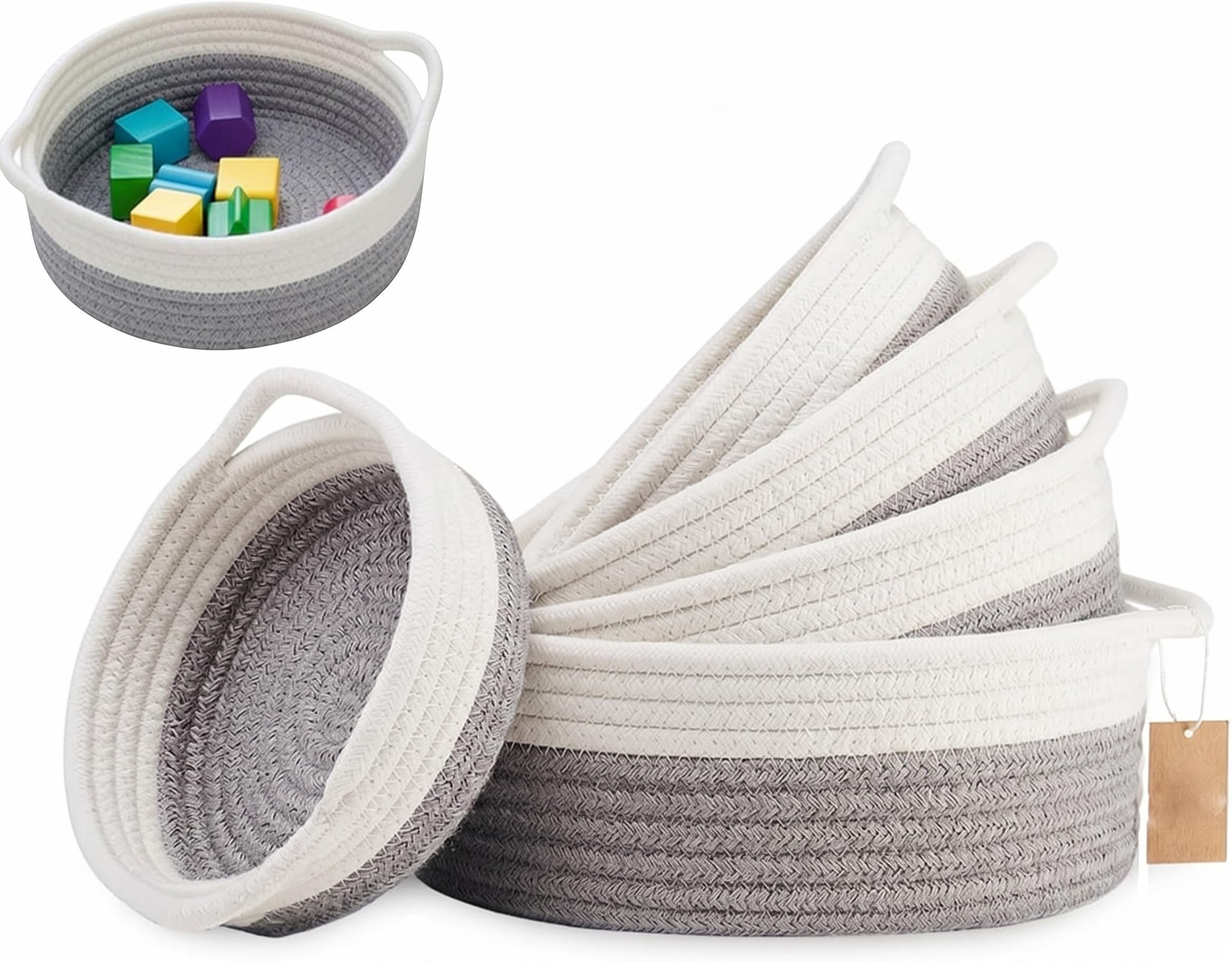 Storage Basket Woven Cotton Rope, Set of 5 Shelf Baskets with Handles