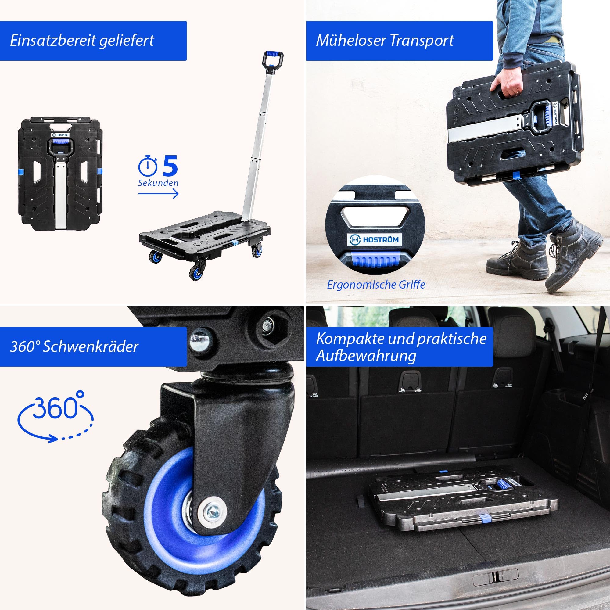 HOSTRÖM Transportwagen klappbar, Rollwagen/Plattformwagen für Umzug und Materialtransport, mit Teleskopgriff, bis 137 kg, 5 Jahre Garantie