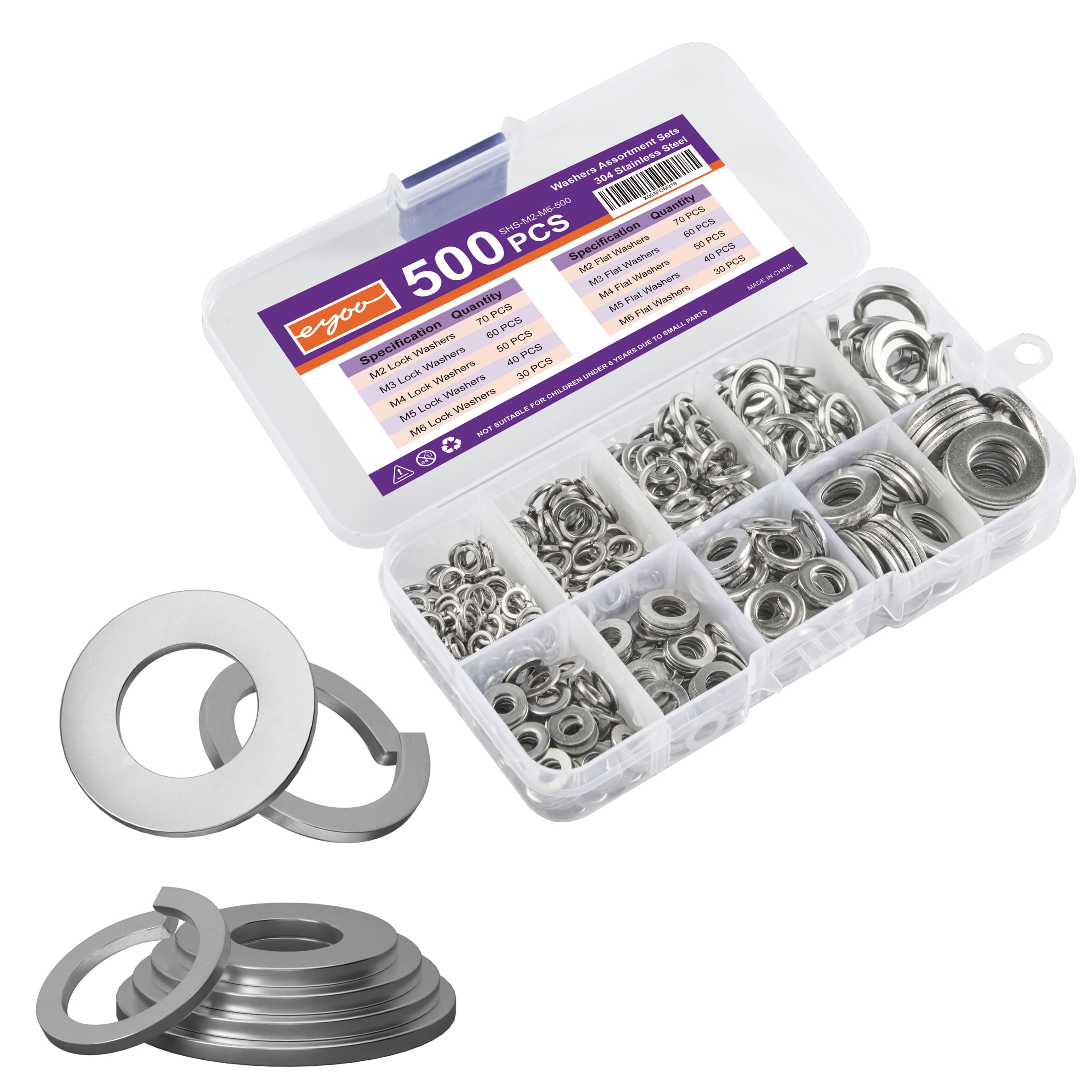 eyoo 500 PCS M2 M3 M4 M5 M6 Stainless Steel Flat Washer Set, 304 Stainless Steel, Including 10 Most Common Sizes.