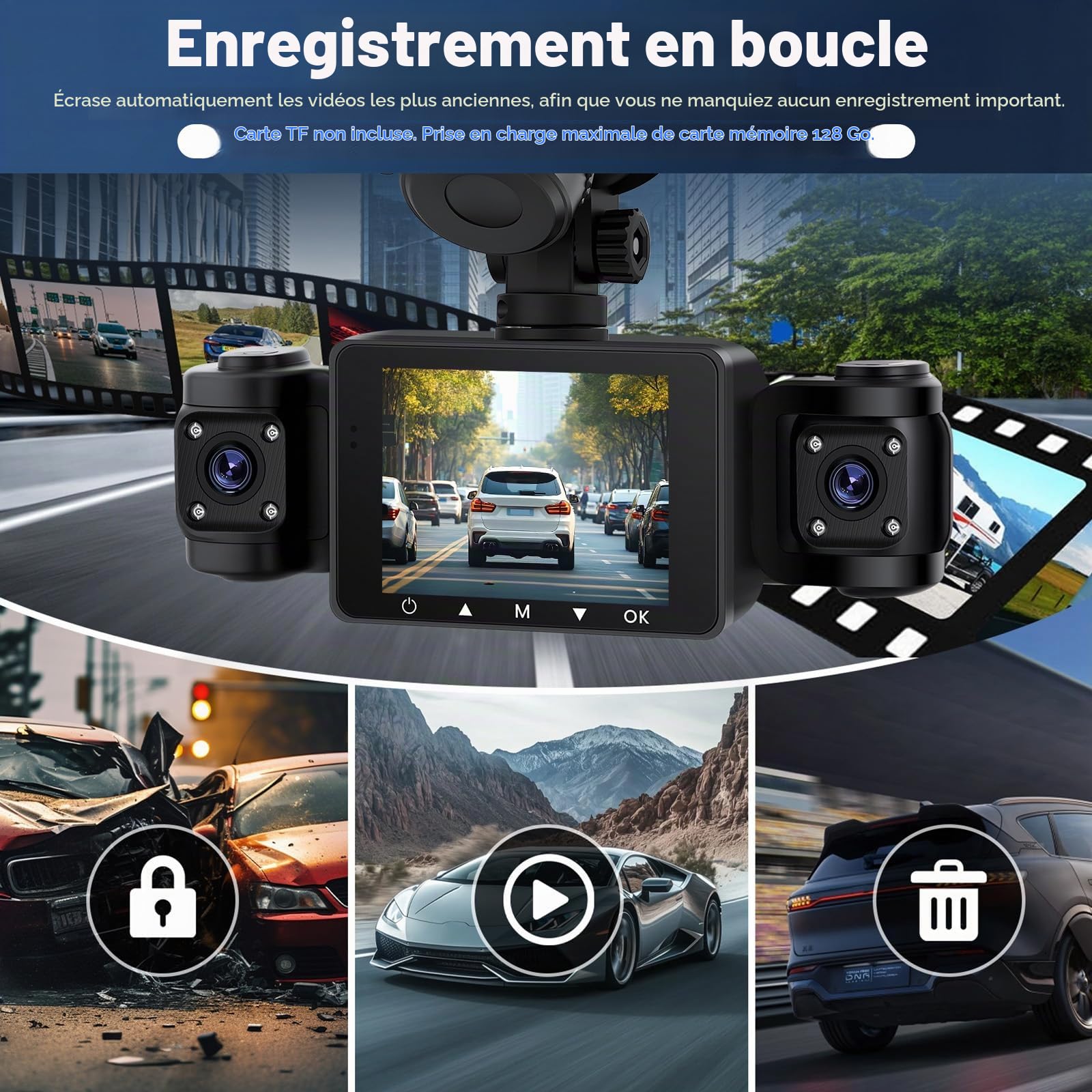 SIXWIN Dashcam Voiture 4 Caméras 360° | Protection Totale, Caméra Avant 1080P | Surveillance Parking 24h/24 & Capteur G | Écran IPS 2,4" | Installation Universelle