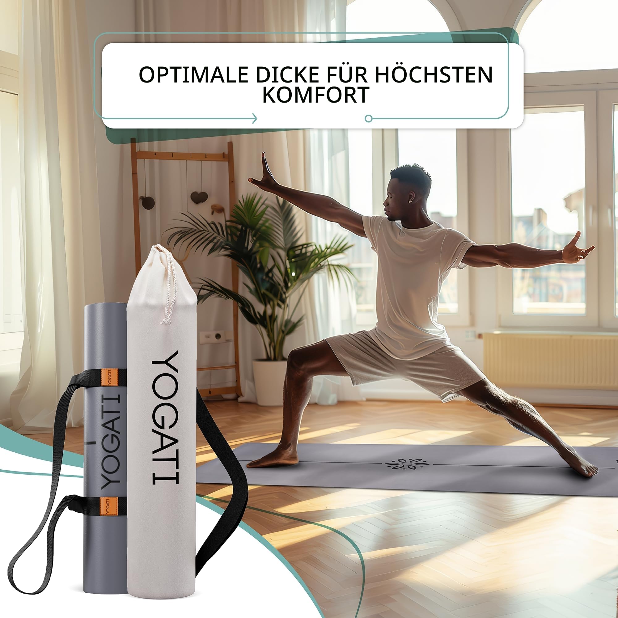 YOGATI® Yogamatte rutschfest Naturkautschuk mit Tasche - Yoga Matte groß mit Markierung, Sportmatte breit, Ideal für Fitness, Pilates und Gym Workout, Fitnessmatte Rutschfest für Damen