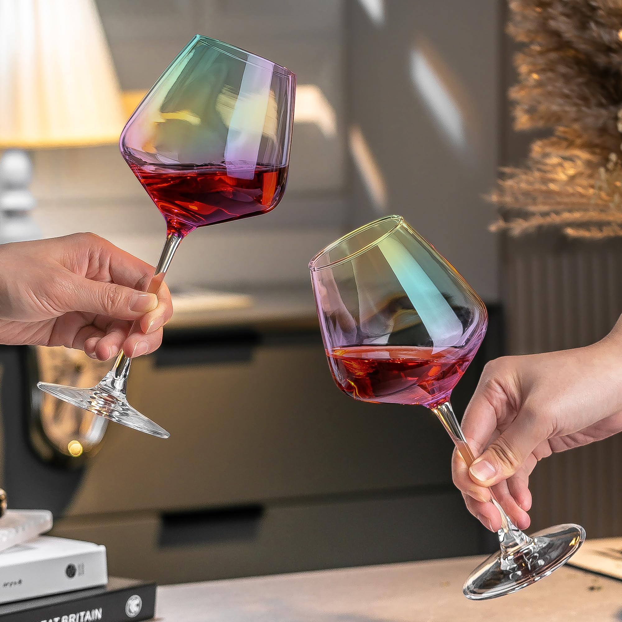 PTSTING Copas de vino iridiscentes de 15.5 onzas, juego de 4 copas de vino burdeos para degustación de vino, regalo de boda, aniversario, Navidad, cumpleaños