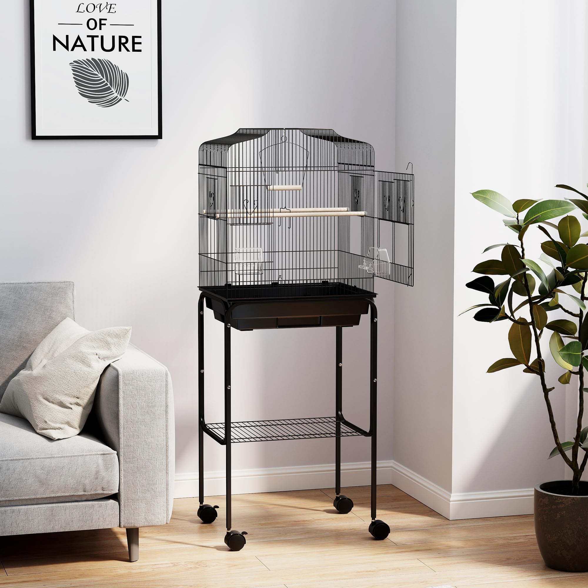 PawHut Jaula para pájaros para periquitos con ruedas de soporte, color negro, 46,5 x 36 x 124 cm | Jaulas para periquitos, para pinzón canario, bandeja deslizante, estante de almacenamiento de accesorios