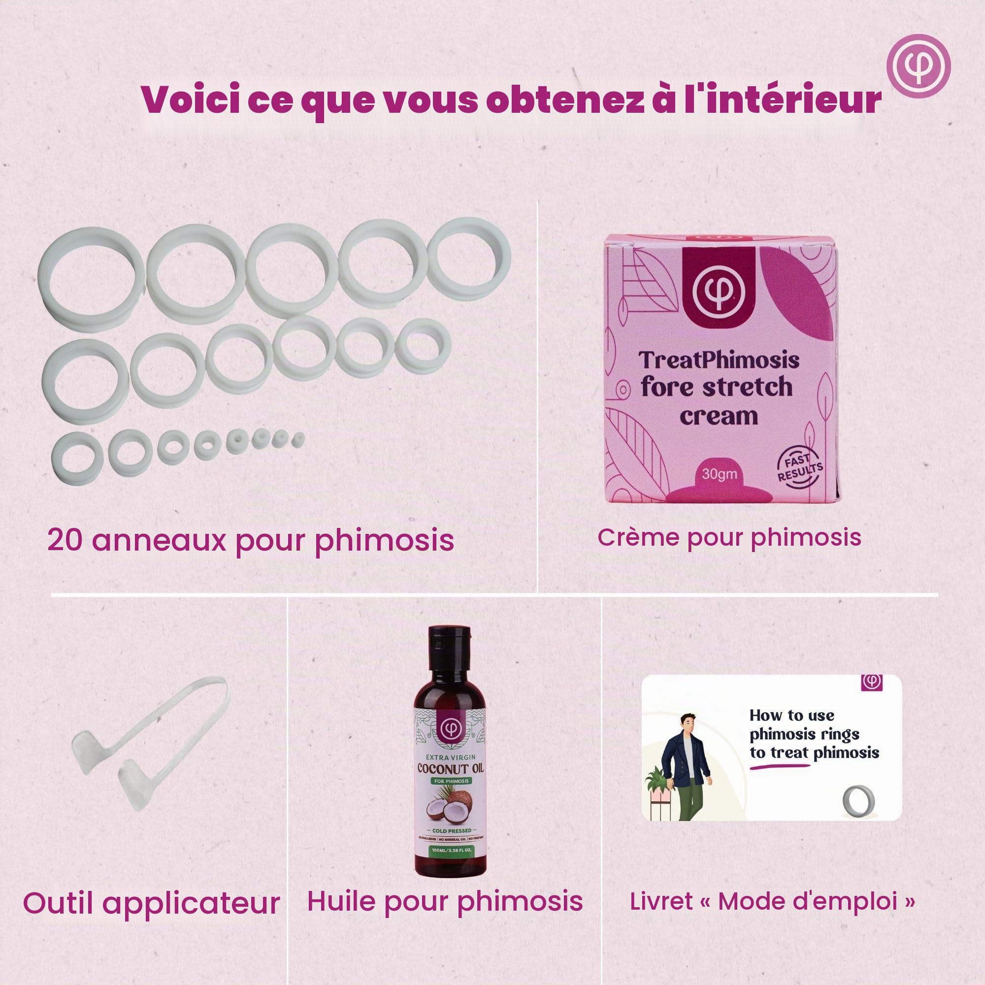 Vajraang Kit Complet Phimosis – Anneaux + Crème + Huile | 20 anneaux en silicone médical + Crème assouplissante & Huile de Coco vierge 50 ml - Solution progressive et naturelle