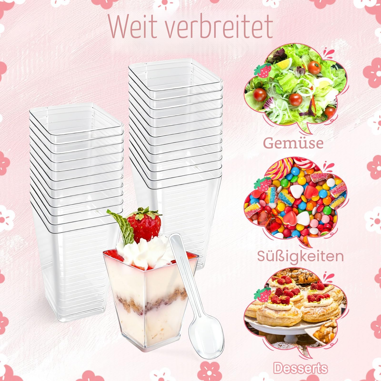 50 Stück Dessertgläser Plastik, Dessertbecher Plastik Wiederverwendbar 160ml Dessertschalen mit Deckel für Eiscreme Pudding Mousse Party Picknick