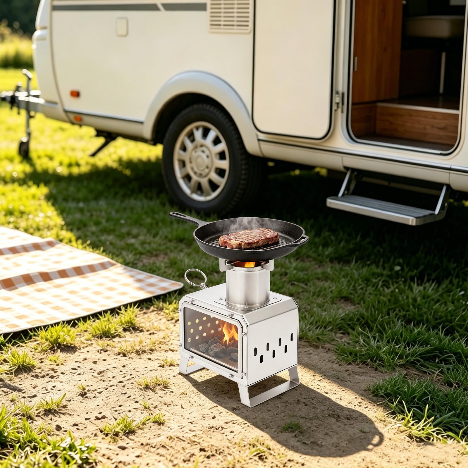 Réchaud Bois Camping Portable, Poêle Inox Avec Vitre Feu Visible, Extérieur