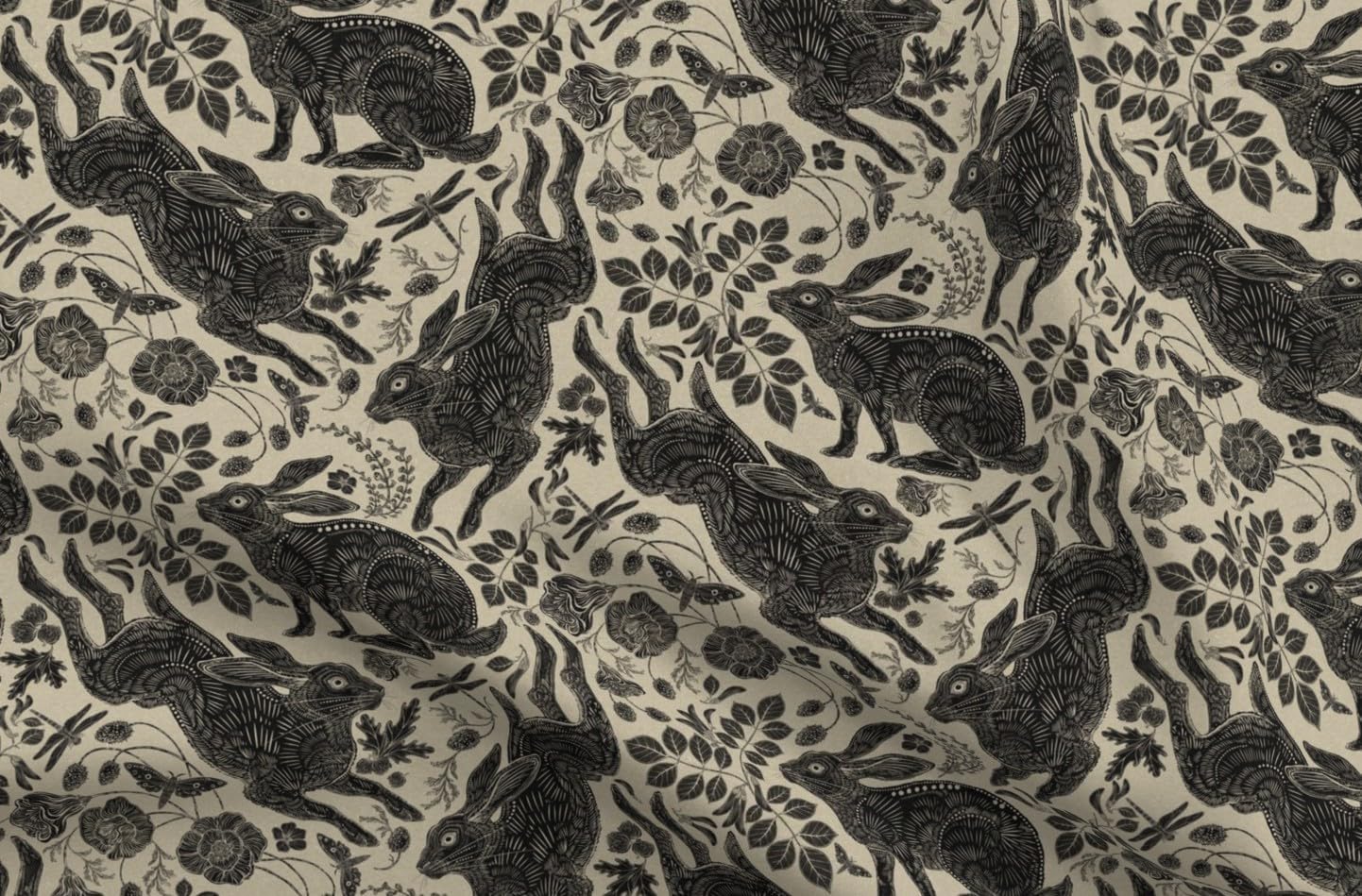 Spoonflower Fabric - Woodland Rabbit Bunny Tan Neutral Folk Art Style Botanical Woodblock Printed on Petal Cotton Fabric Fat Quarter - Sewing Quilting Apparel Crafts Decor