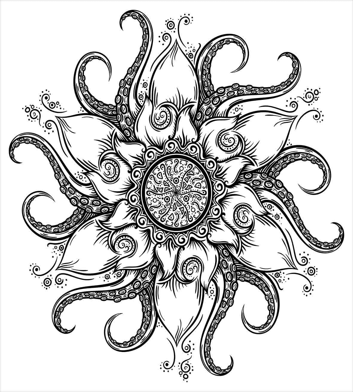 Ambesonne Octopus Duvet Cover Set, Sea Mandala Floral Ocean Animal with Tribal Leaves Hand Drawn Art, Decorative 3 Piece Bedding Set with 2 Pillow Shams, Queen Size, Black King Black