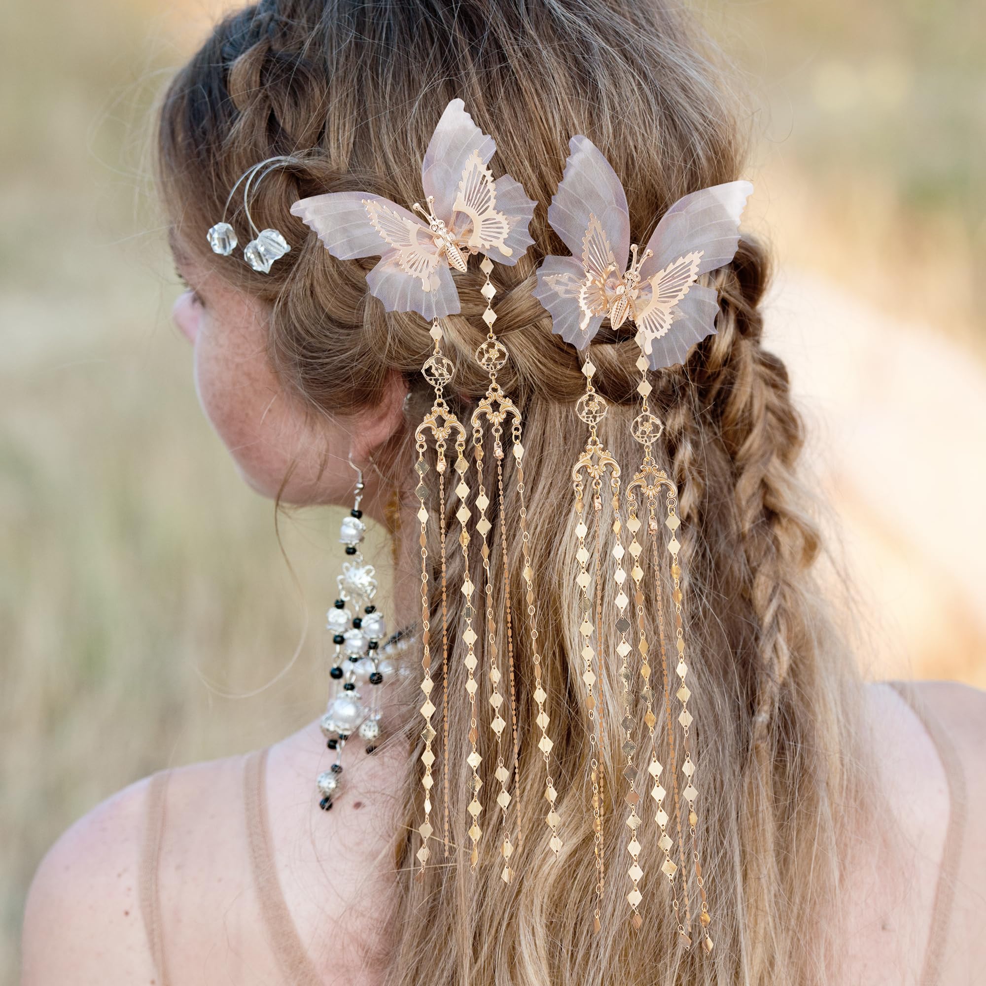Amazon.com : FRESHME Renaissance Butterfly Hair Clips - 2 Pcs Gold Fairy  Hair Clamps with Tassel Elf Hair Claw Clips Wedding Renfaire Cosplay  Fantasy Prom Dress Up Hair Accessories for Women :