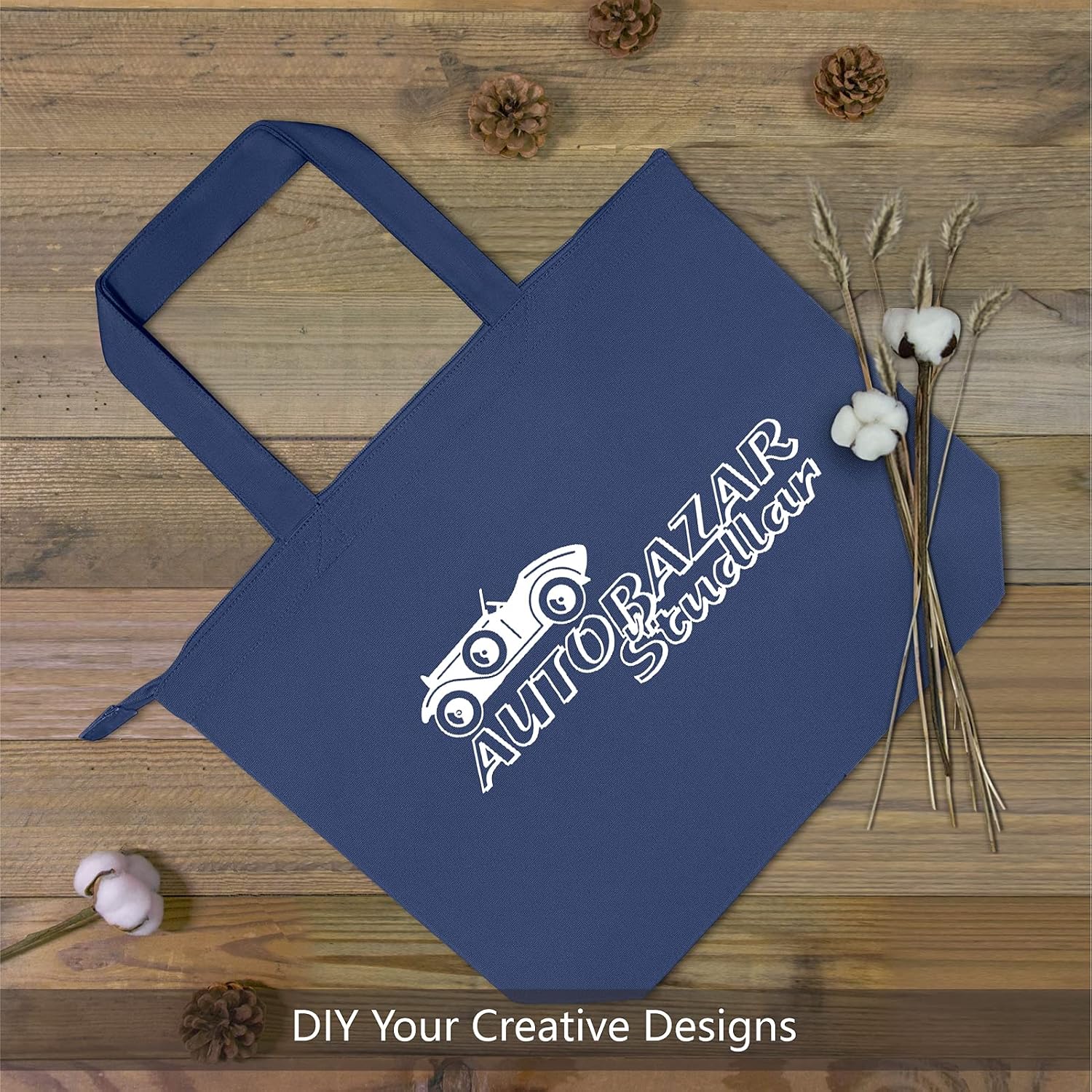 TOPDesign 3-Pack 20'' Super Strong 12oz Cotton Canvas Bags with an Internal Pocket, Top Zipper Closure, Reusable Grocery Shopping Cloth totes, Fashionable Blue Bags for Crafts, DIY Your Designs