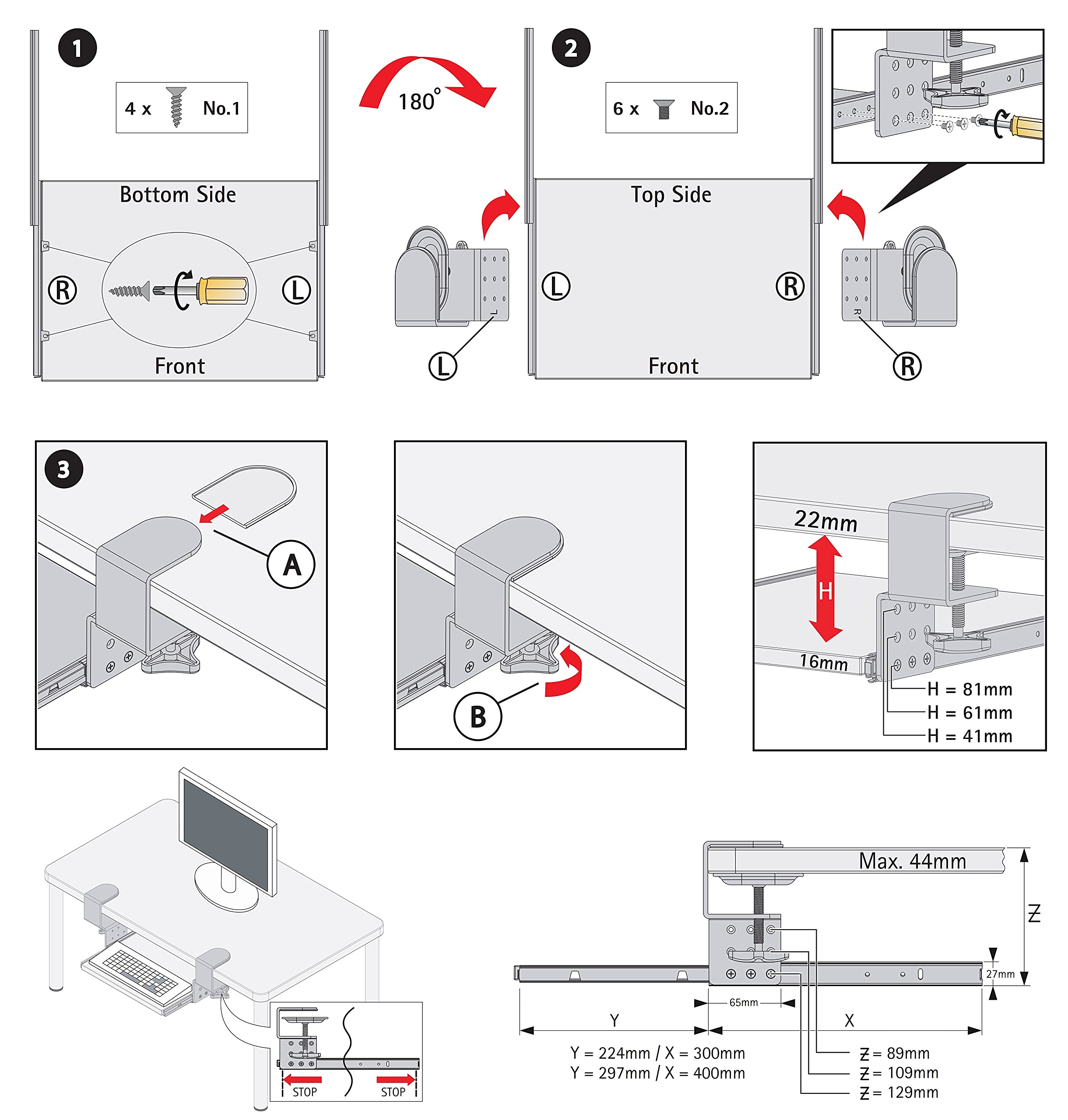 FIX&EASY Tastaturauszug klemmbar mit Tastaturablage 800X300mm schwarz matt Dekor, Tischklemmen höhenverstellbar schwarz, Schienen schwarz 300mm, Auszug für Tastatur Maus Keyboard und Laptop Ablage