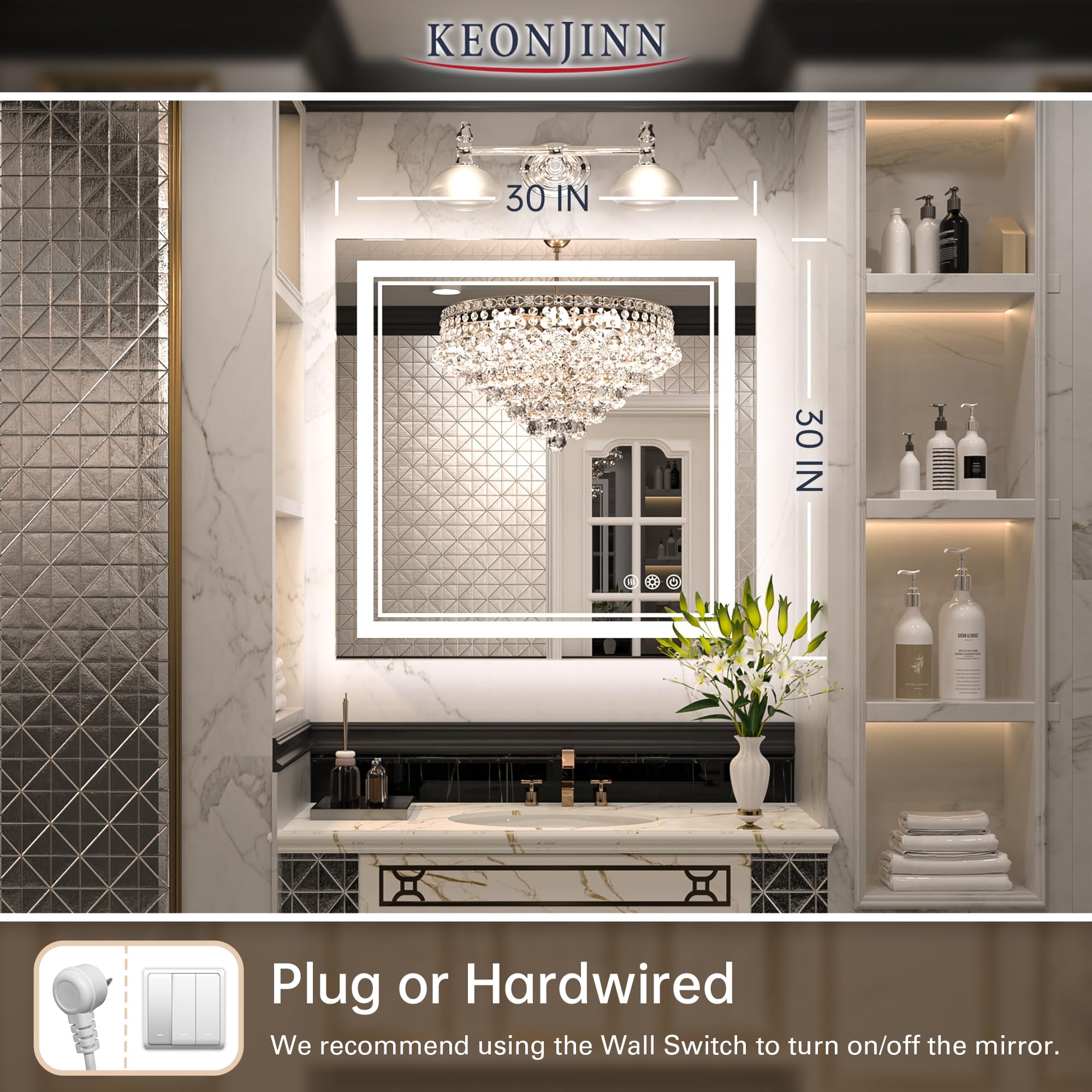 Keonjinn Bathroom LED Mirror 30 x 30 Inch Frontlit and Backlit, Stepless 3 Colors Temperature & Dimmable Square Wall Mirror, UL Listed LED Driver, Double LED Strips, Anti-fog Vanity Mirror with Lights