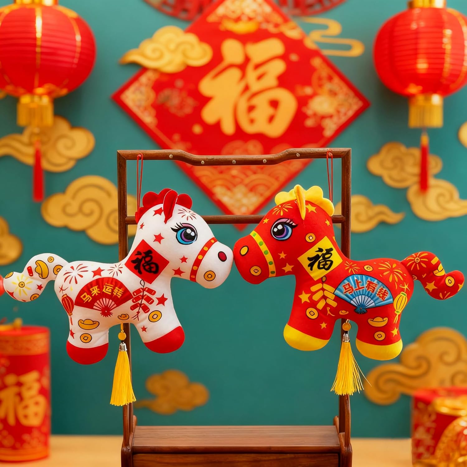 6Pcs Year of the Horse 2026 Hanging Decoration Horse Plush Ornaments Zodiac Mascot for Chinese New Year Blessing Souvenir Home Car Window Hanging Pendant Decors