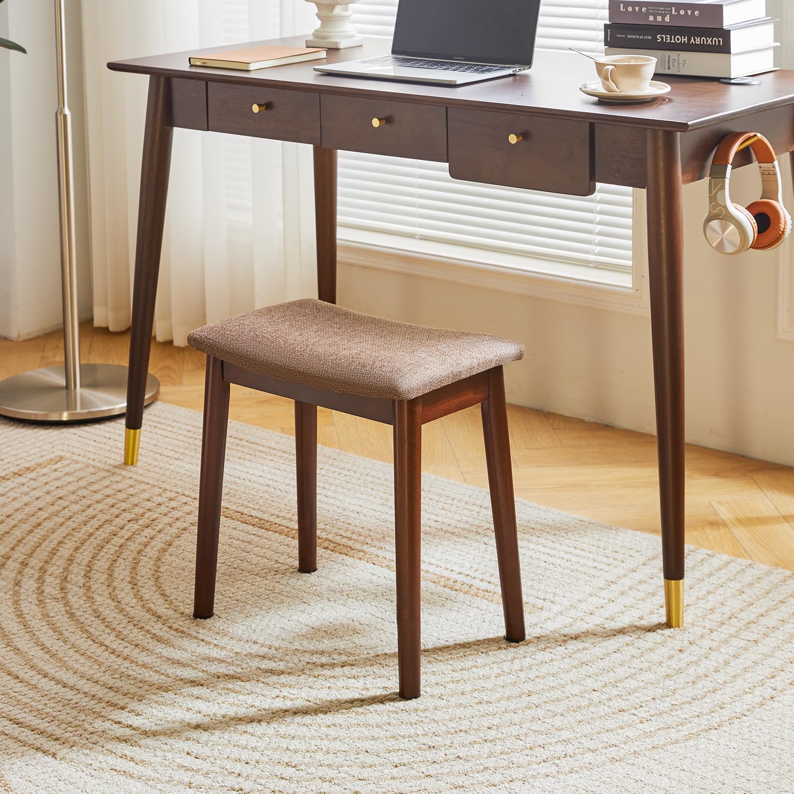 Taburete de tocador con cojín de silla de montar, taburete con patas de madera maciza, moderno banco otomano para piano, asiento tapizado para dormitorio, entrada, patas de nogal y lino marrón 5
